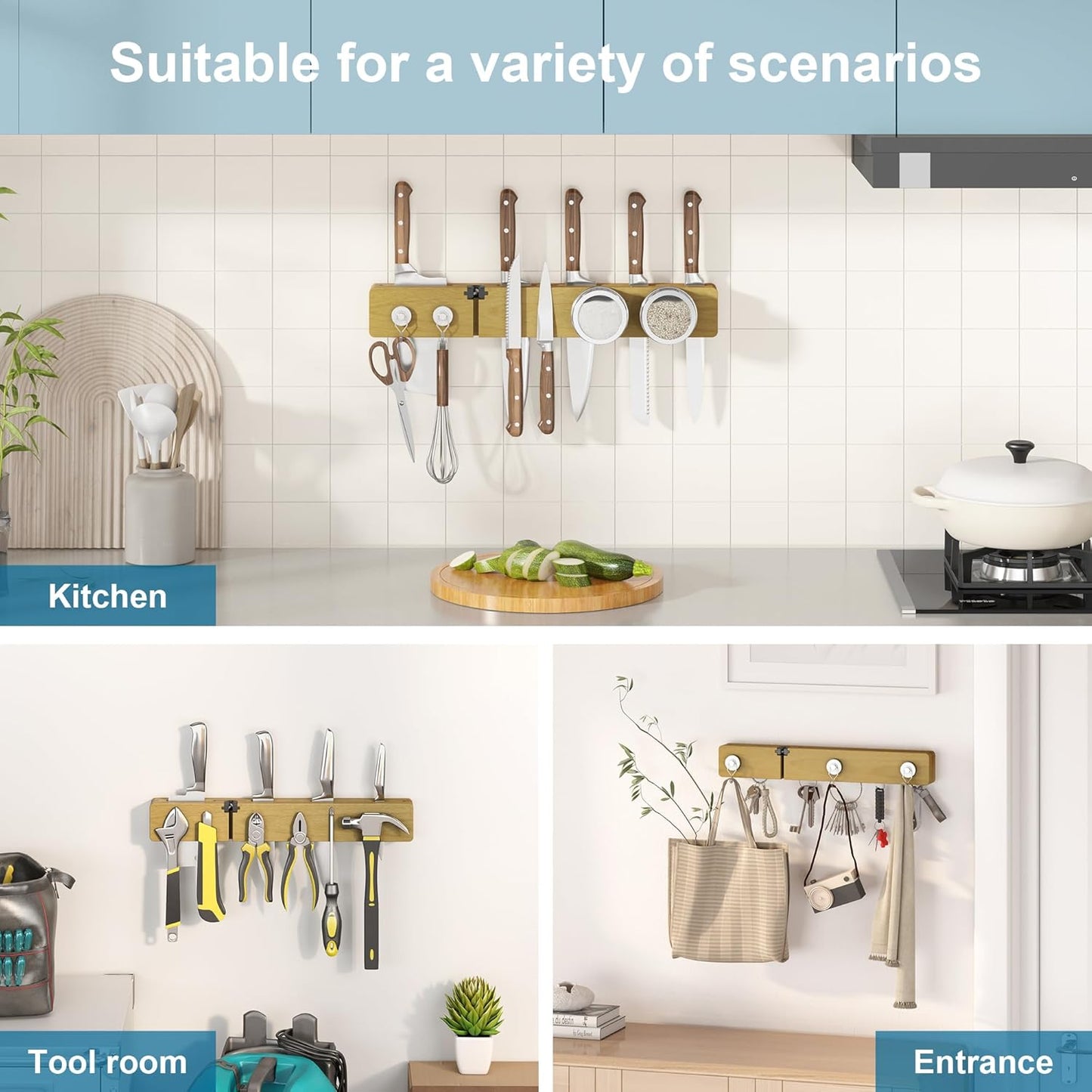 Magnetic Knife Holder for Wall, Acacia Wood Knife Magnetic Strip No Drill Knife Magnet Storage Bar Magnetic Tool Key Holder Strip for Kitchen Utensil Organizer (Light Brown, 16 Inch Large)