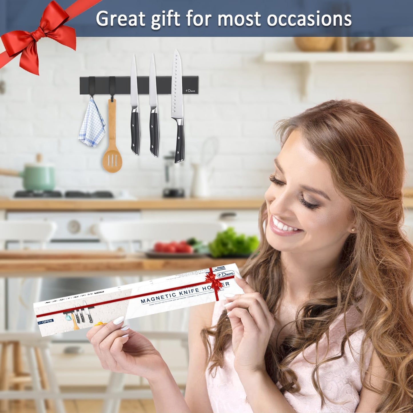 Dmore magnetic knife holder for wall—with 2 hooks, No Drilling 12 Inch black knife magnetic strip, Powerful knife magnet rack, include Adhesive Tape and screws for Knives, Utensils, and Tools