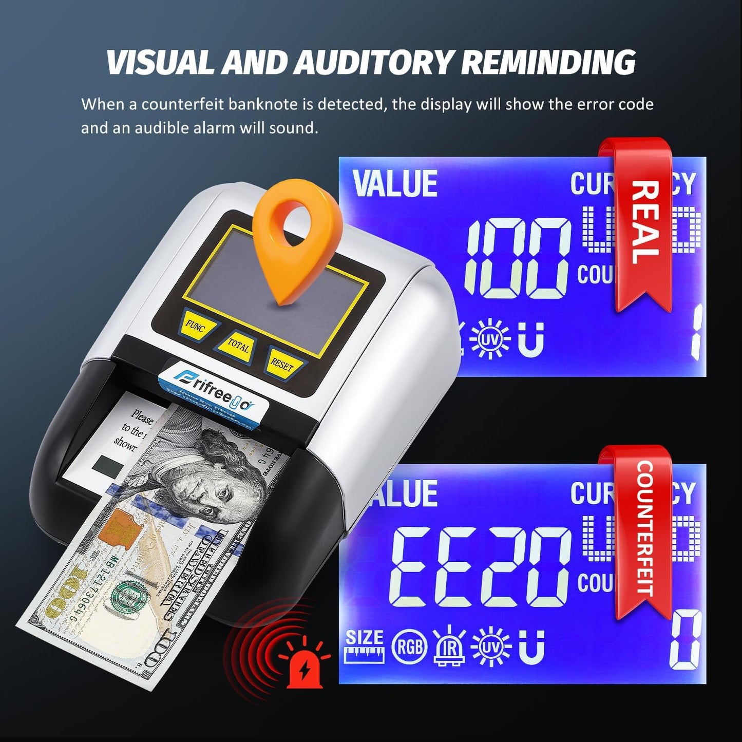 Portable Counterfeit Bill Detector, Rechargeable Fake Bill Detector 4-Way Detection, for Multiple Currencies with Value Display, Commercial Grade Bill Detector Alertable