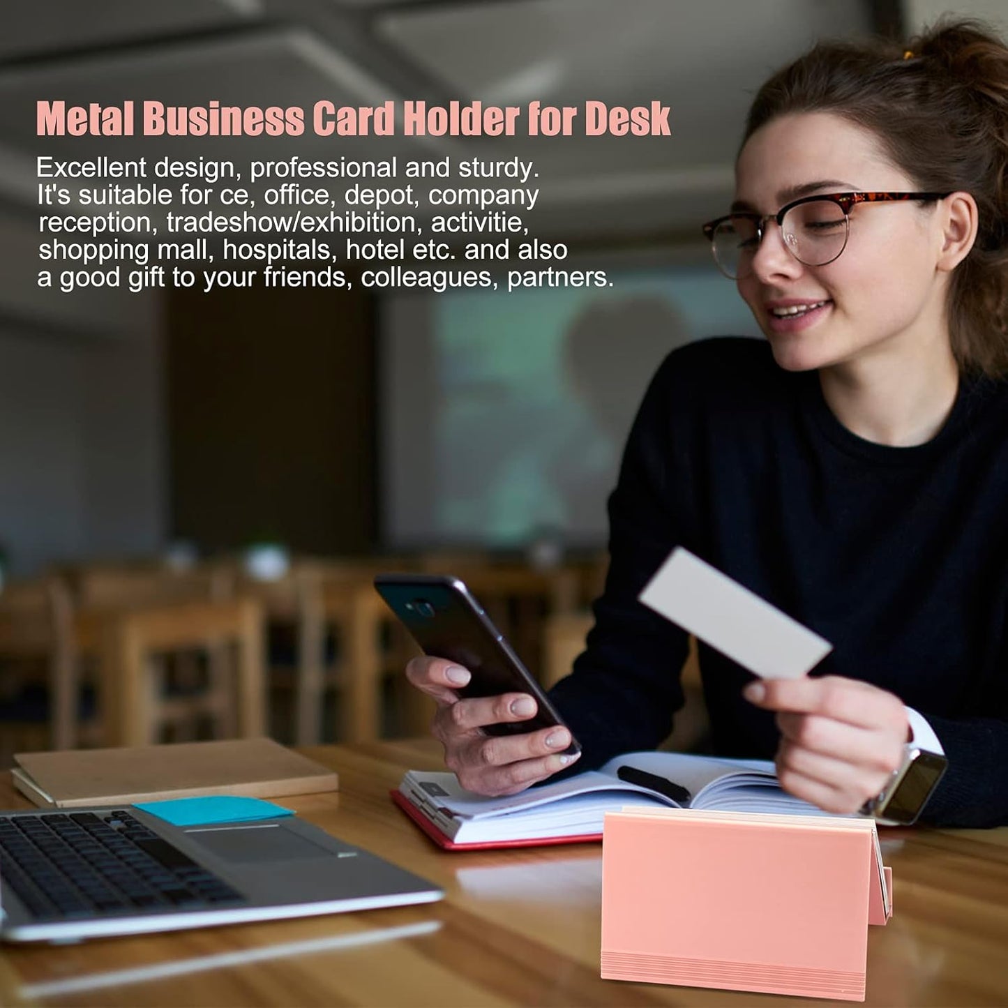 Business Card Holder 1 Pack Aluminum Business Card Display Stand, Desktop Rose Gold Business Card Holders for Exhibition, Home and Office , Fits 35-50 Business Cards