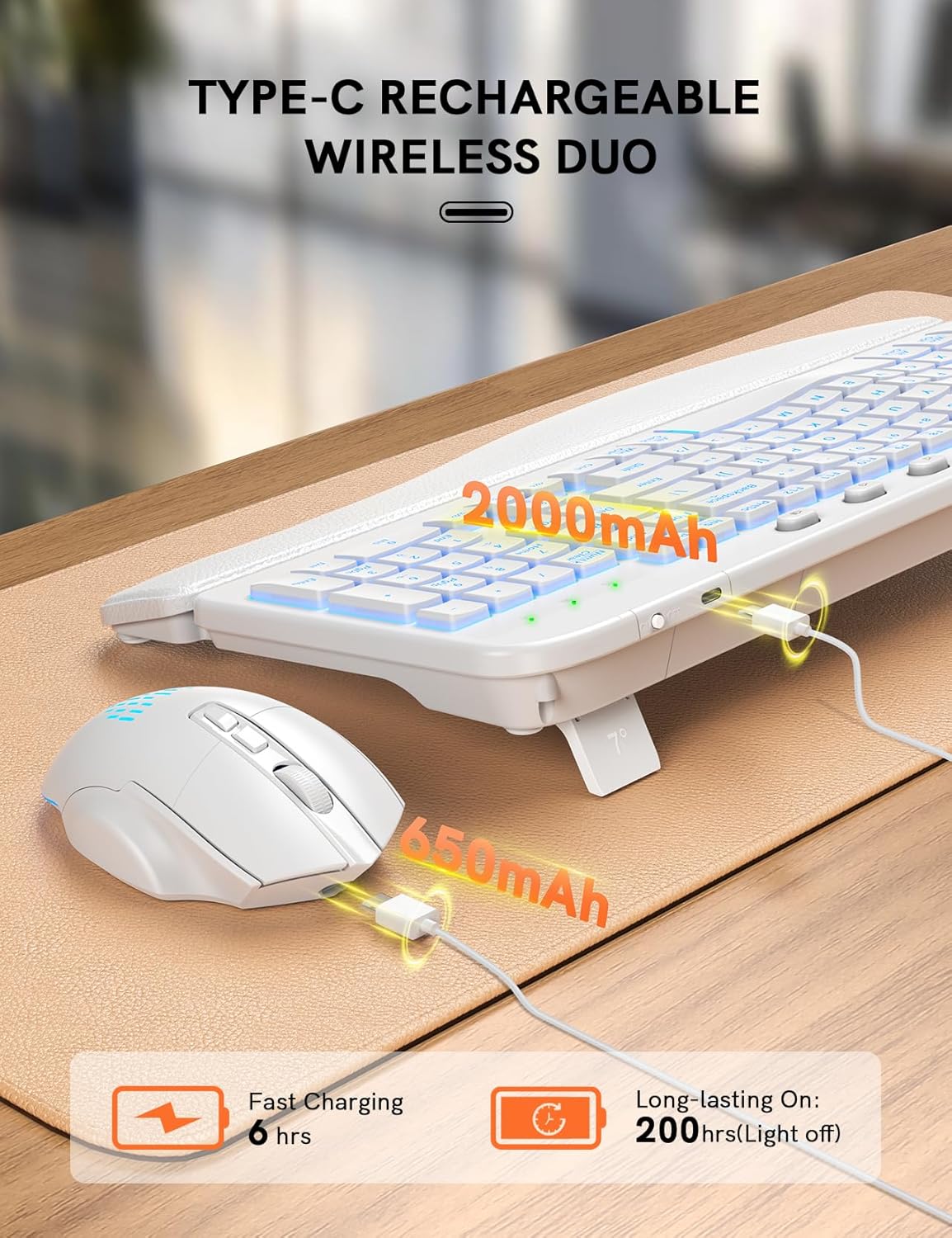 SABLUTE Ergonomic Wireless Keyboard and Mouse Combo - Wave Keyboard with Soft Leather Wrist Rest, Resistant Keys, RGB Backlit Rechargeable Set for PC/Mac/Chromebook (White)