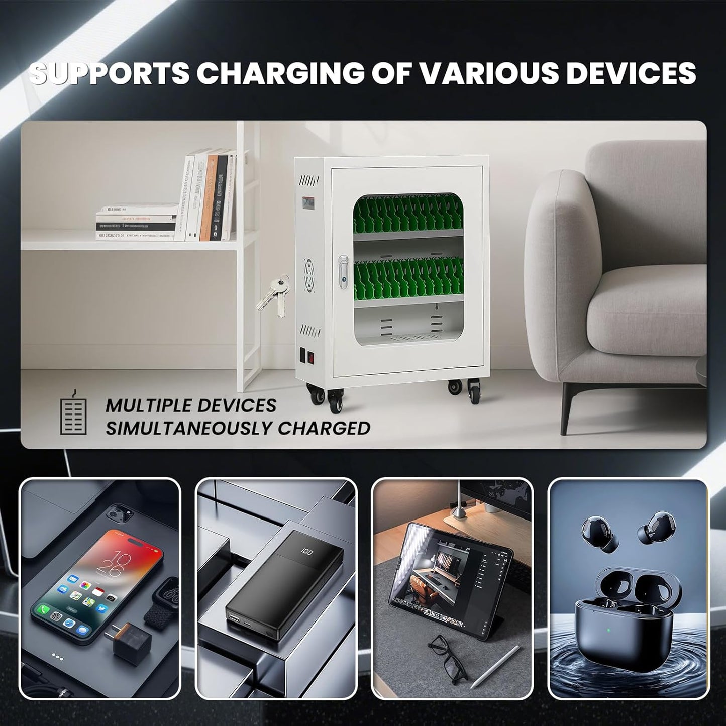 30 Device Cell Phone Charging Stations, Mobile Phone Charging Cabinet, Cellphone USB Charging Cart, Rechargeable Cellphone Locker Storage Charging Station (White, 30 Slots)