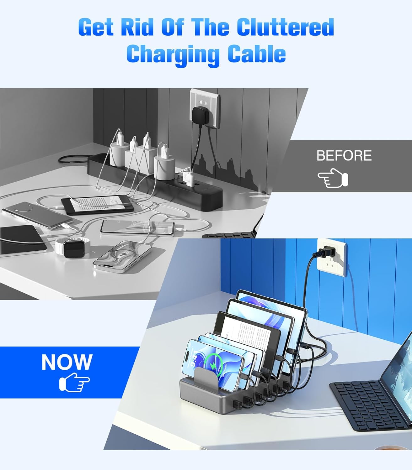 CREATIVE DESIGN 50W Charging Station for Multiple Devices,6 Port Multiple USB Charger Station with 6 Cables Compatible with iPhone,iPad Kindle Tablet and Other Electronic(Space Gray