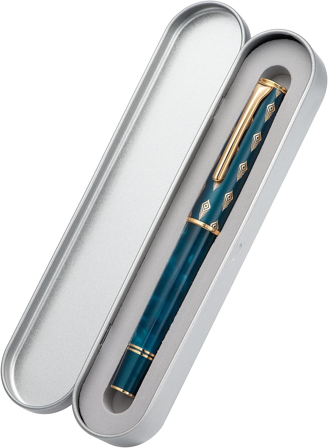 Hongdian N7 Blue Peacock Fountain Pen Resin Piston, Iridium Medium Nib Classic Pen, Smooth Writing Pen with Metal Box
