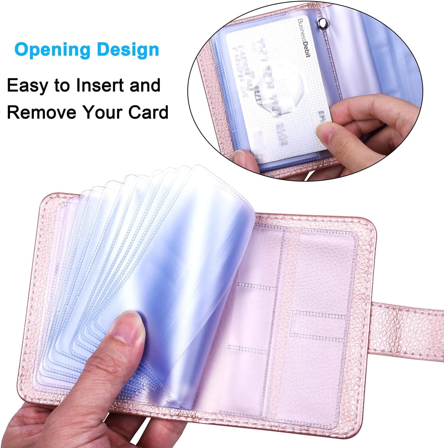 Wisdompro Credit Card Holder, PU Leather Slim RFID Blocking Debit Card Protector Wallet Organizer Case with Magnetic Shut (Build in 20 Card Slot & 7 Small Cells for Memory Cards)-Vertical Rose Gold