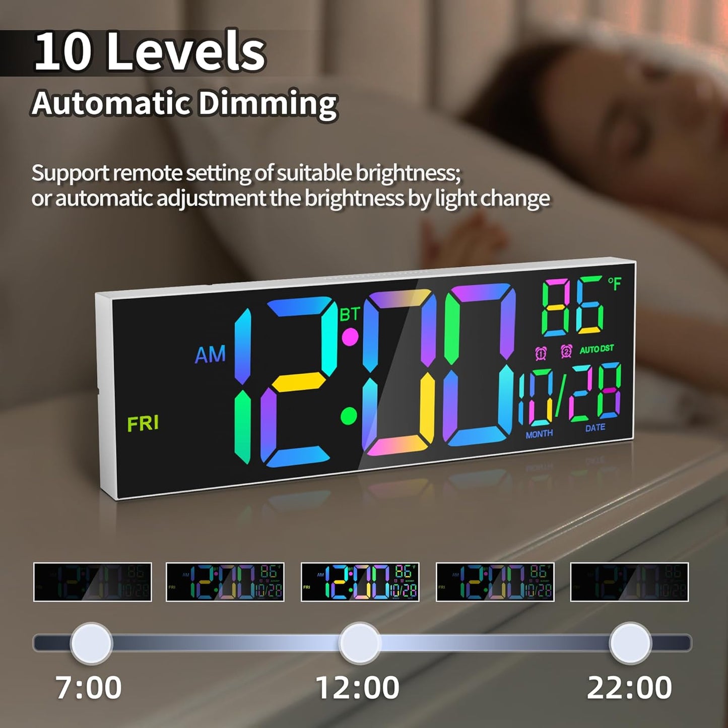 16.5" Large LED Wall Clock with Bluetooth Sync, Night Light, DST, 2 Alarms, RGB Color, Temperature, Remote Control, 12/24H, Timer for Living Room, Bedroom, Desk, Gift for Mother Father Elderly
