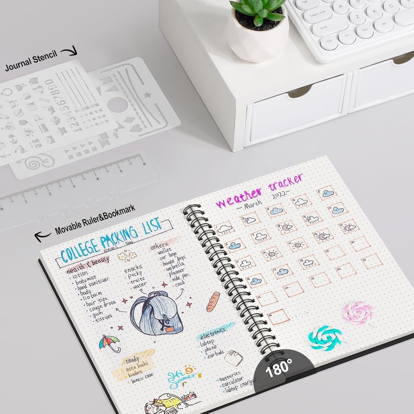 AHGXG Bullet Dotted Journal - Dot Grid Spiral Notebook A5, 160 Pages, 100 GSM Thick Paper, Waterproof Plastic Cover Journals for Bullet Journaling, Sketching, 5.7" x 8.3", Black