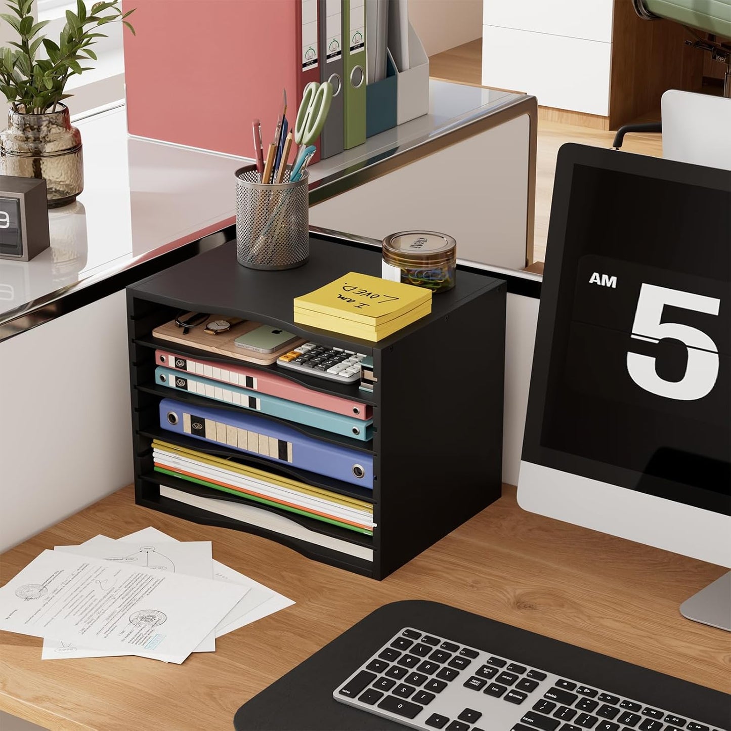 Bamjoy Wood 5 Tier Desktop Organizer, Paper Organizer Mail Sorter, File Holder Letter Document Storage with Adjustable Shelves for School Home Office, Black