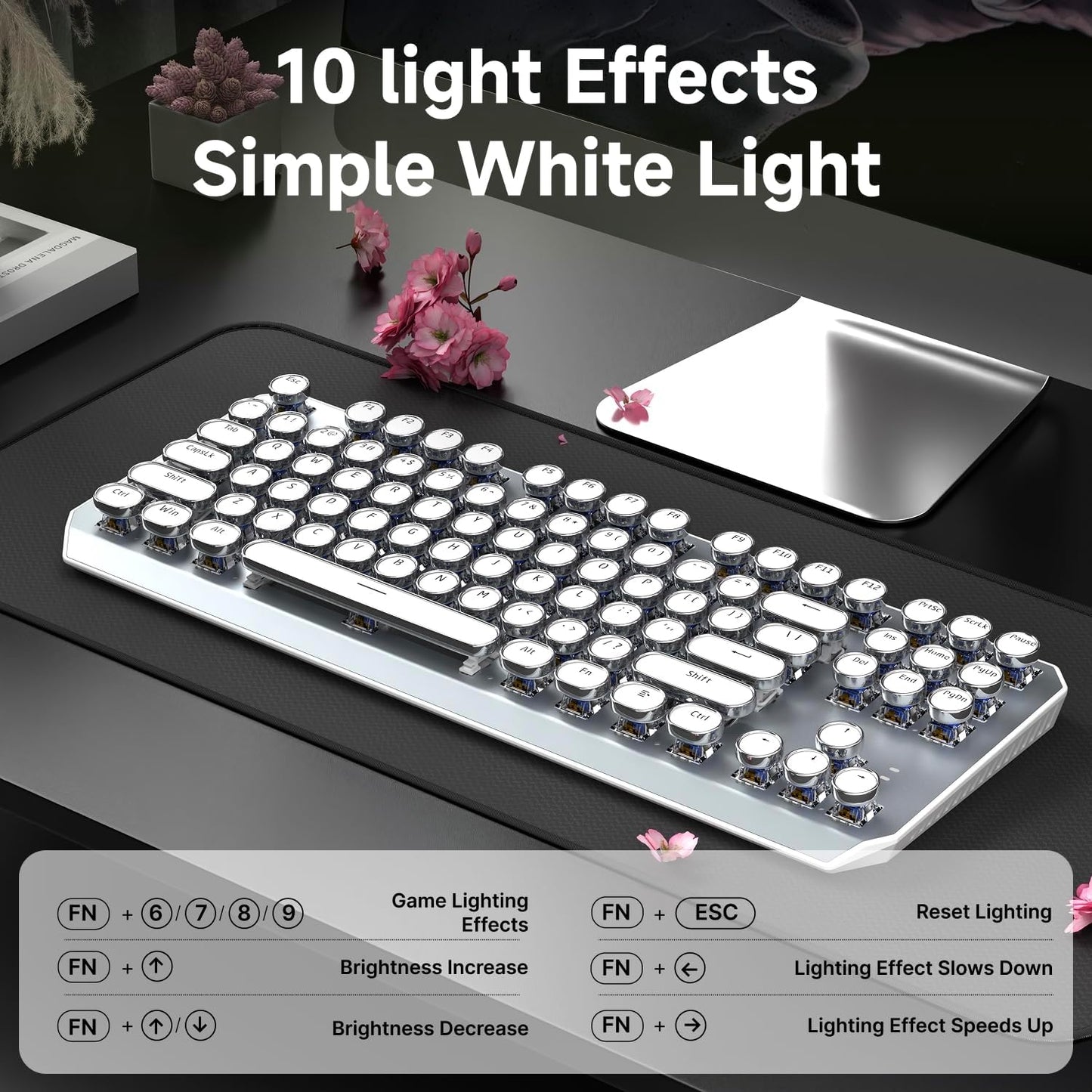 EWEADN Wireless Mechanical Typewriter Keyboard,80% Layout with White Backlit, Anti-Ghosting, Blue Switch Bluetooth/2.4GHz/USB-C Aesthetic Keyboard-White