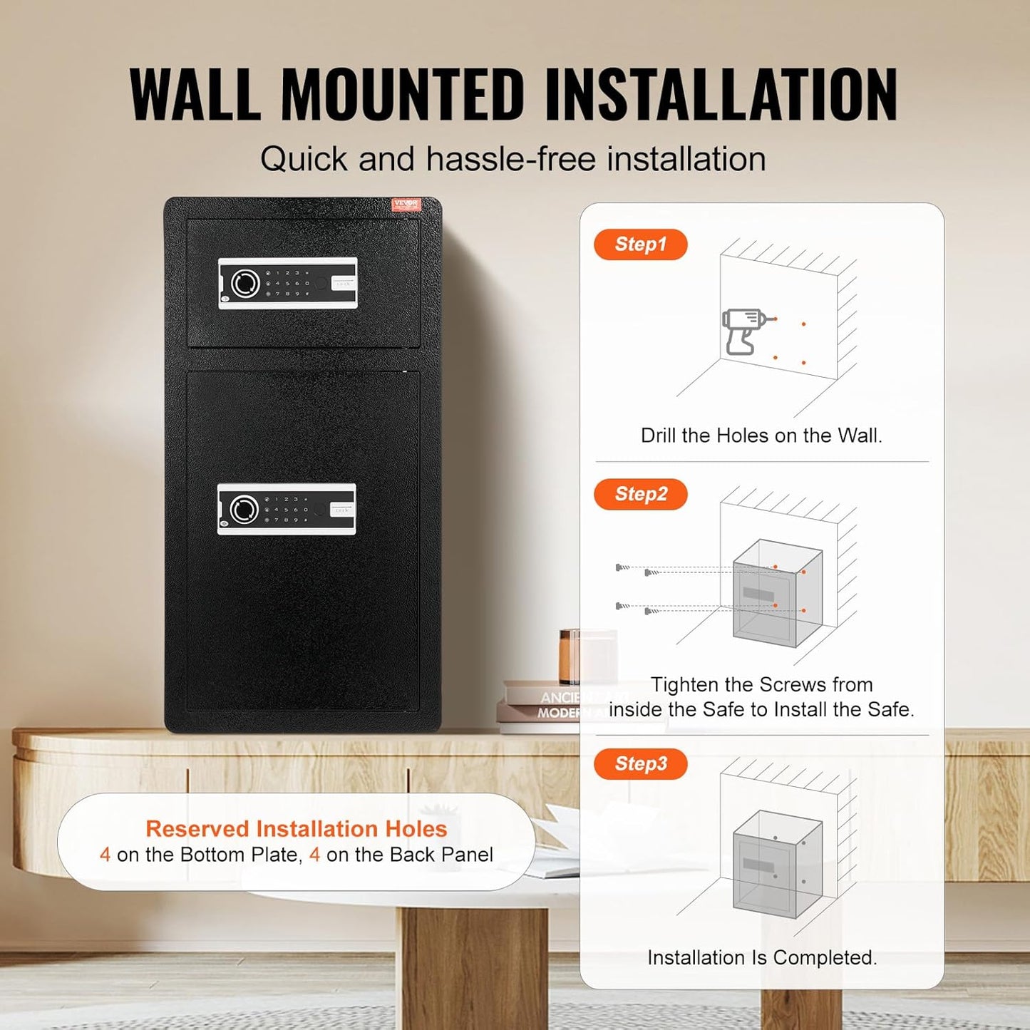 VEVOR Double Doors 5.5 cu.ft Safe Box with Key Lock & Password, Safe Lock Box with Fireproof Bag, Key Rack, LED Light, 2 Height Adjustable and Removable Divider and 1 Cabinet for Money,Documents,Black