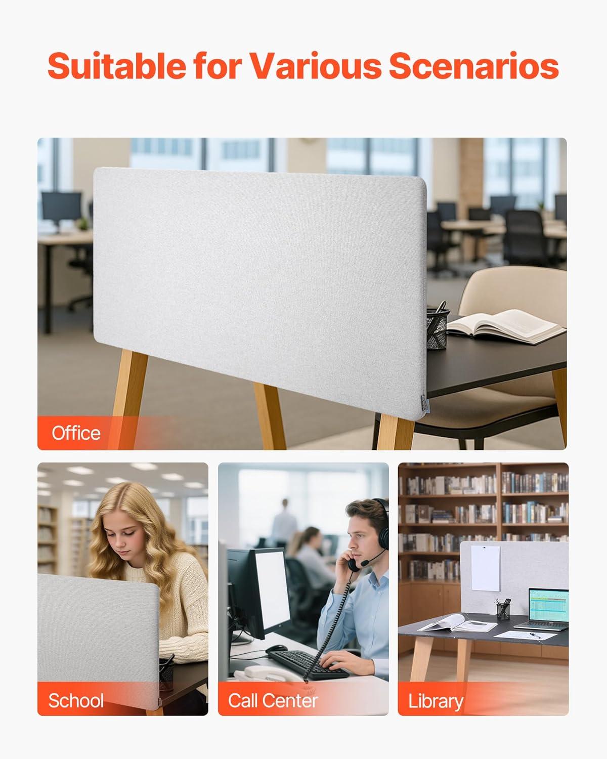 VEVOR Desk Divider Privacy Panel, 60" x 24" Clamp-on Office Desk Partition, PET Cubicle Partition Panel, Workstation Privacy Divider with 2 C-Type Clamps for Office, Sturdy Room, Library