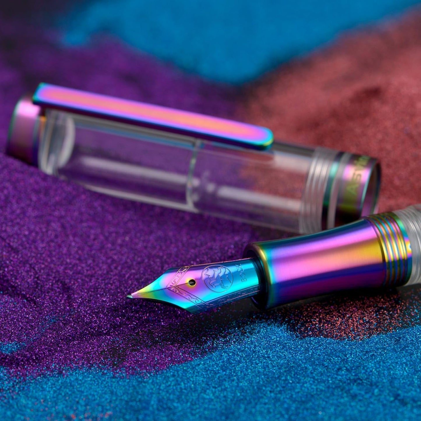 Asvine V200 Titanium Fountain Pen Vacuum Filling, Rainbow Bock Fine Nib Transparent Acrylic Smooth Writing Pen Case Set
