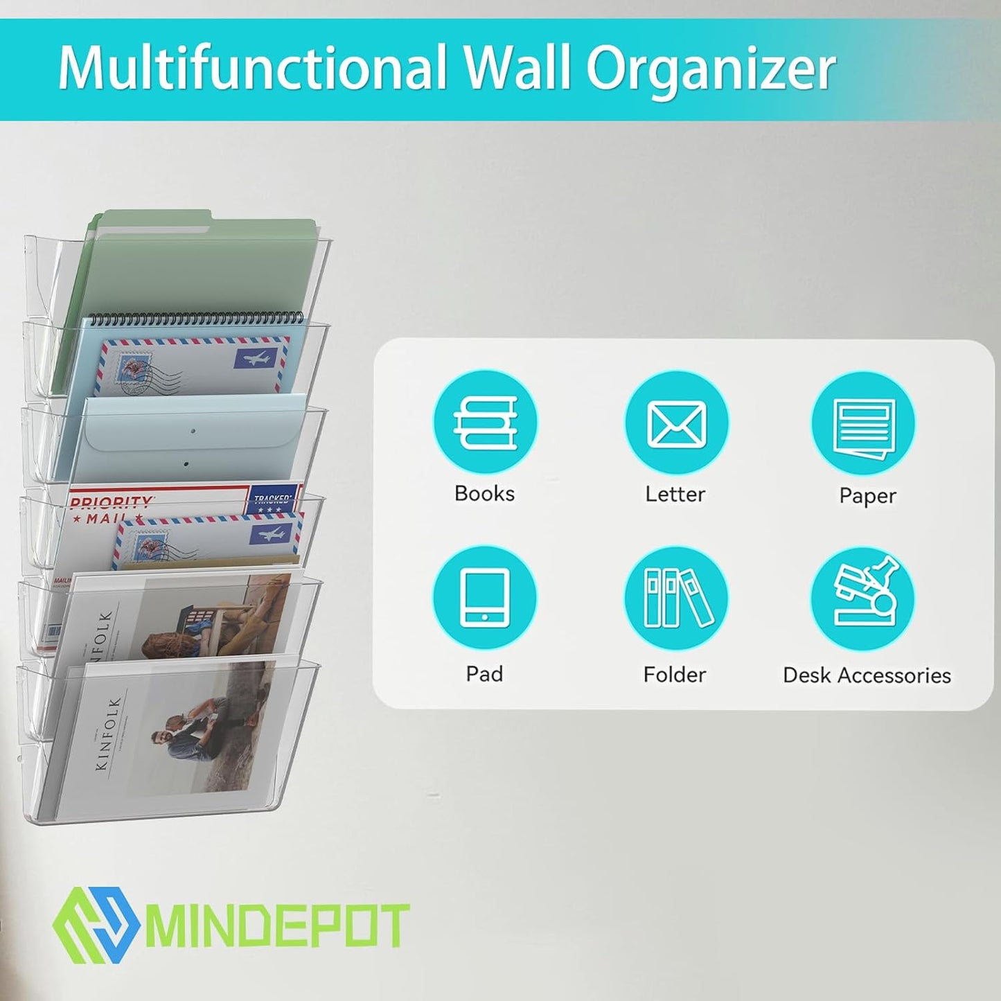 6 Pockets Acrylic Wall File Organizer, Clear Wall File Holder, Plastic Hanging Wall File Holder for Office, School and Home, Clear