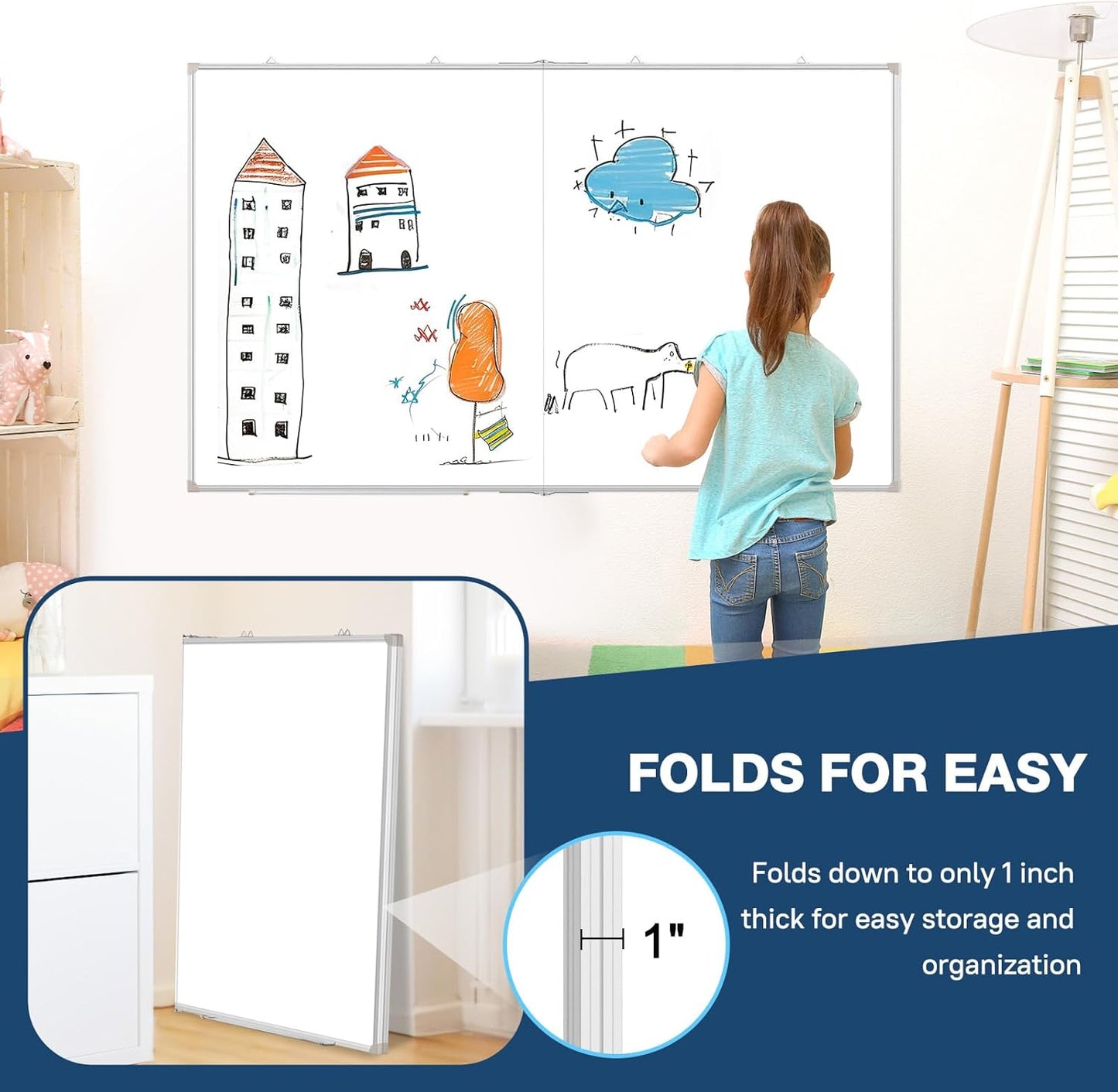WALGLASS Large White Board Dry Erase Board, 60" x 48" Double-Sided Foldable Dry Erase Board for Wall, Magnetic Whiteboard for Office, Home, School, Kitchen