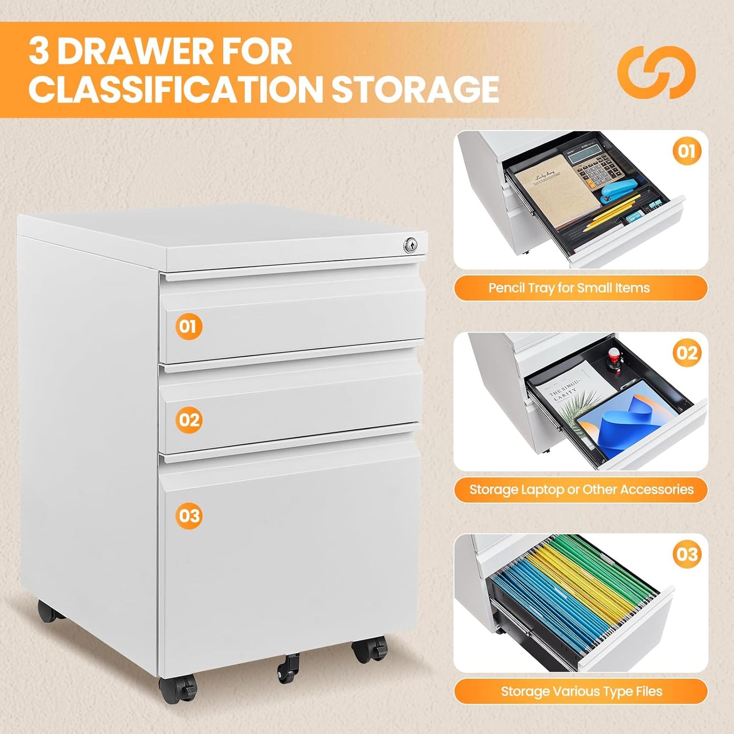 3 Drawer File Cabinet, Fully Assembled Mobile File Cabinets with Lock for Home Office, Metal Rolling Filing Caninet on Wheels, Three Drawer Under Desk Cabnet for Letter/Legal / A4 - White