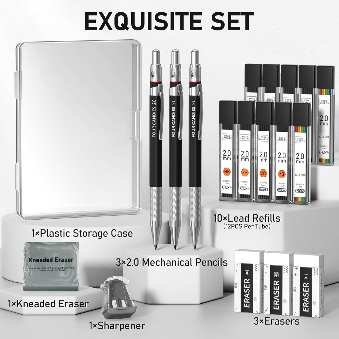 Four Candies 3PCS 2MM Mechanical Pencils with case, Artist Led Pencil Metal Lead Holder with 120 Graphite Lead Refills(HB 2H 2B 4B Color), 4 Erasers, Sharpener, Drafting Pencil for Drawing, Sketching