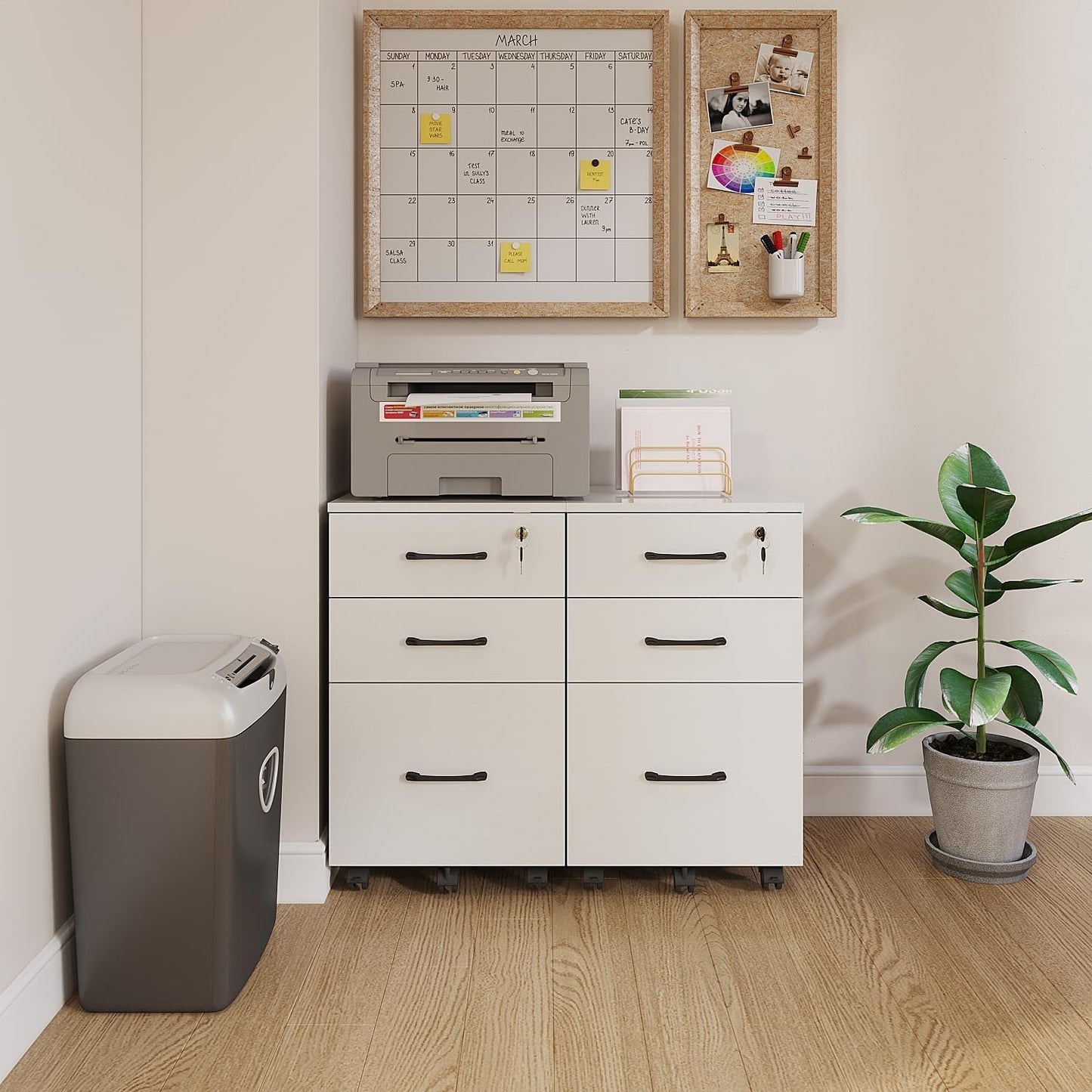 File Cabinet With Lock, 3 Drawer Wood Rolling Filing Under Desk for Home Office, Storage Fits Letter/A4 Size, Mobile Printer Stand, White