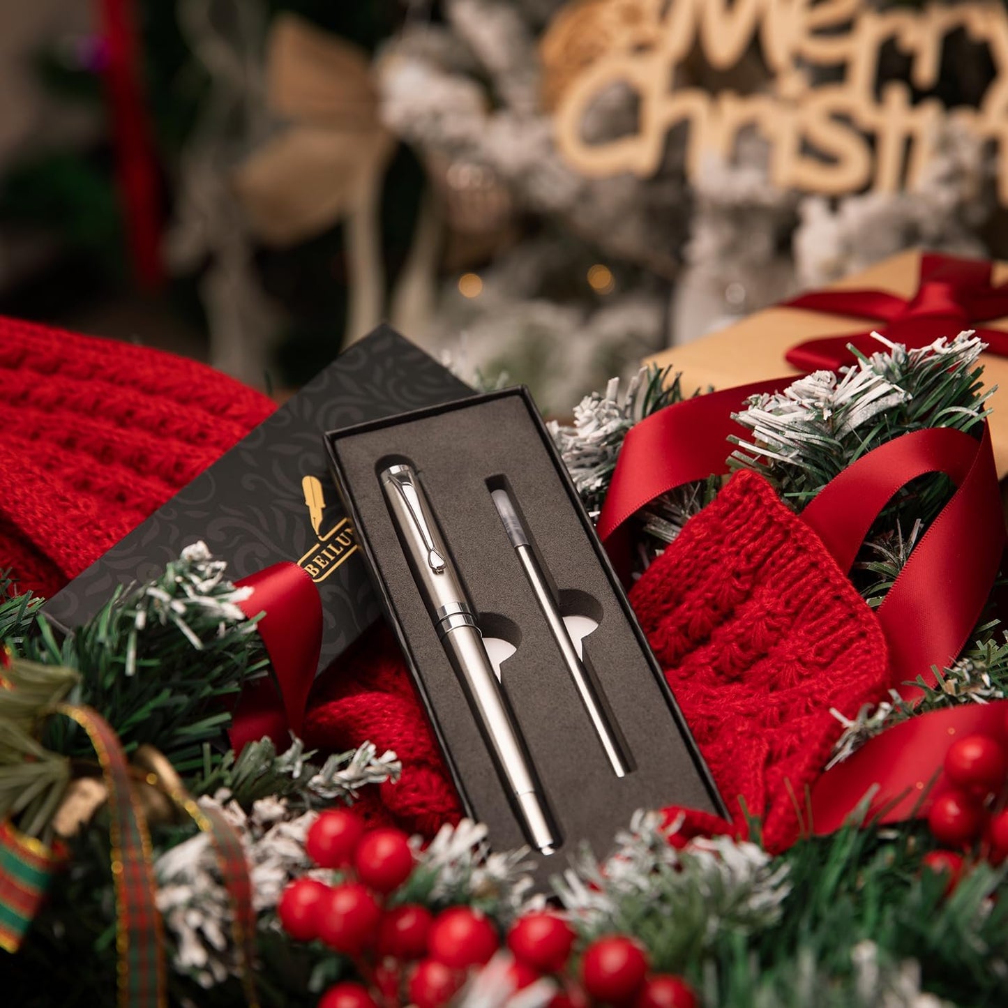 BEILUNER Silver Ballpoint Pens, Stainless Steel Body, Smooth Writing Experience, Dishwasher Safe, Gift Box with Extra Refill