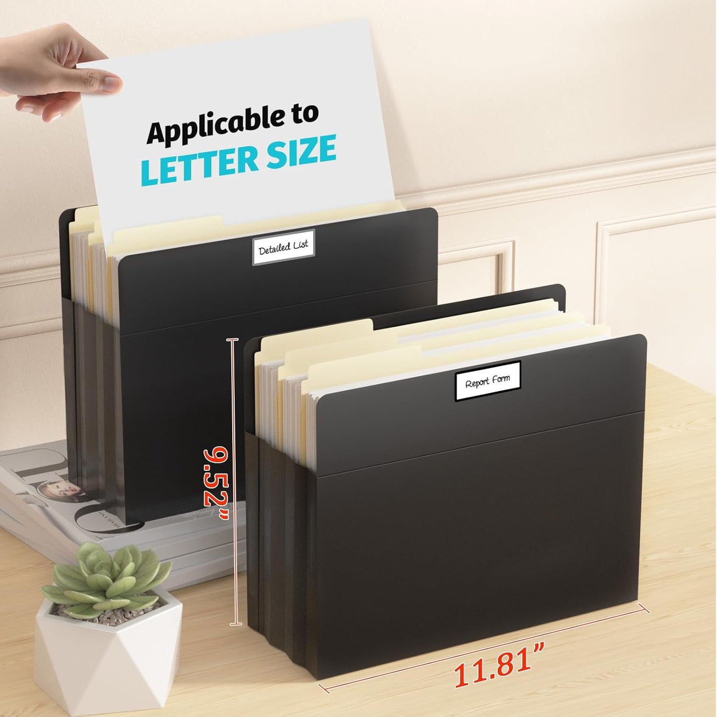 Ansook Plastic Expanding File Pockets,Heavy Duty with 3.5”Expansion,High Capacity Durable Accordion File Jacket,Letter Size,Poly Folder,Straight-Cut Tab, for Manila Folder,Bulk Archiving, 5 Pack,Black