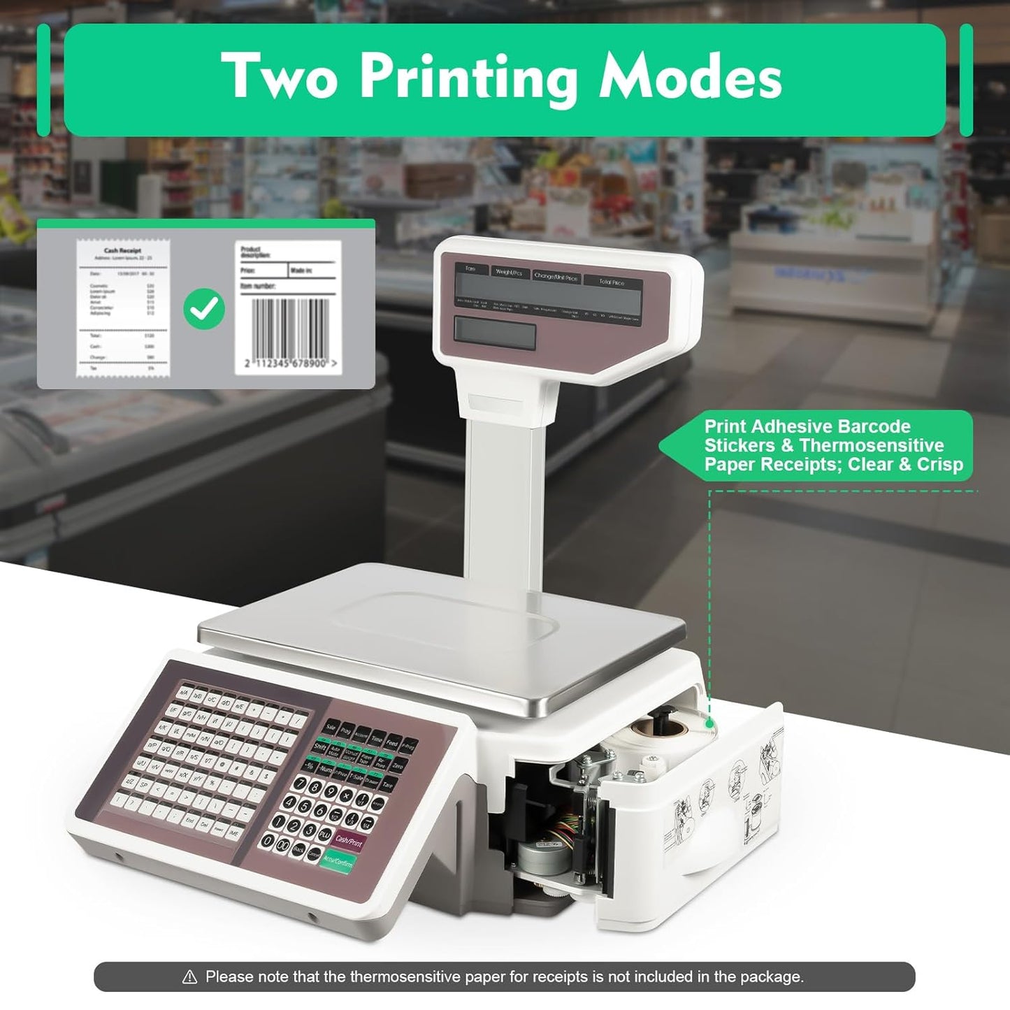 30kg/66lb Commercial Label Printing Scale - Barcode & Receipt Printer, Dual-Screen LCD, 63 Shortcut Keys, USB/App Connectivity for Supermarket, Retail, Grocery Store POS System