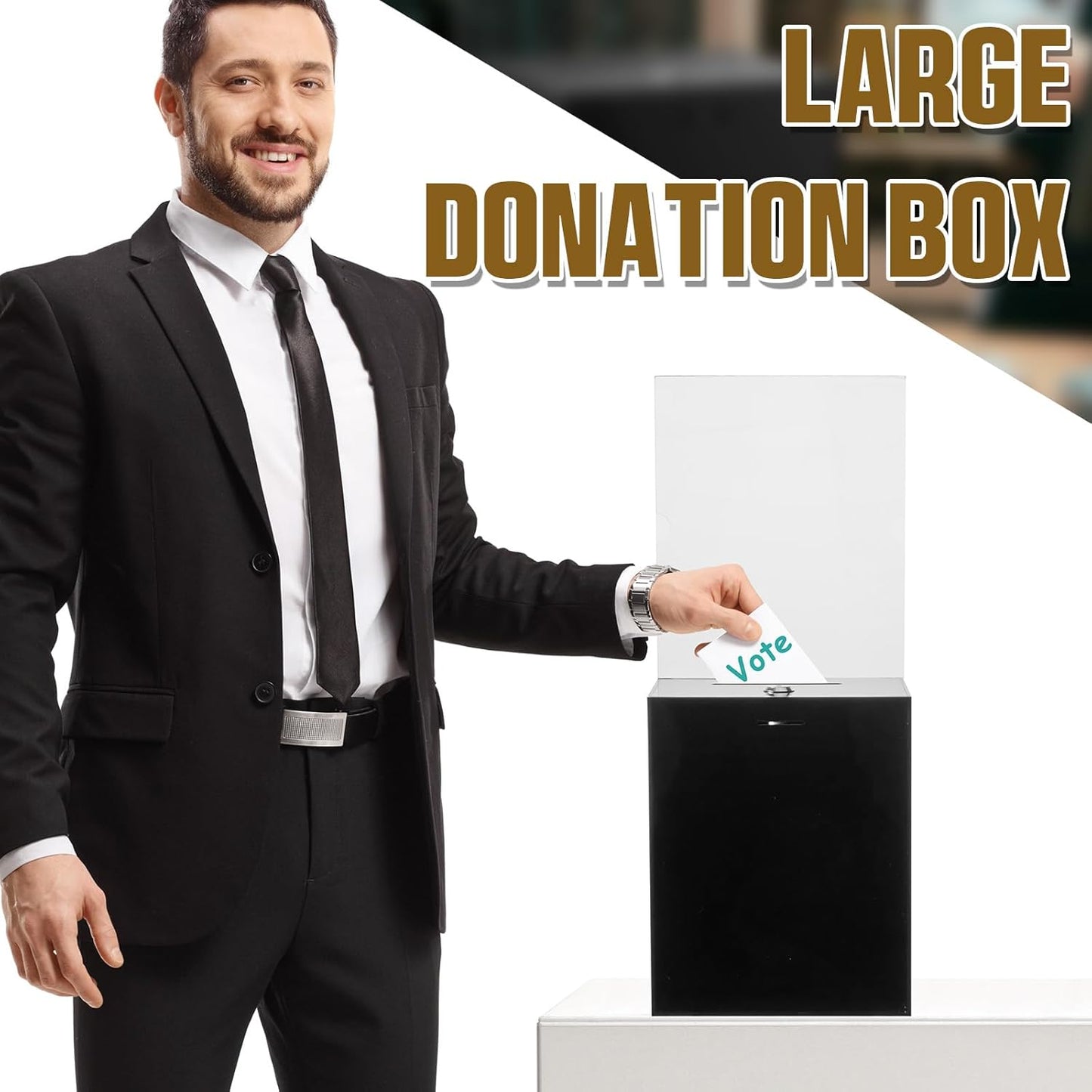 Sweetude 2 Pack Acrylic Donation Box with Lock Tall Tip Jars 8.2 x 6.7 x 5 In Suggestion Ballot Box with Sign Holder Large Locking Raffle Voting Container for Fundraising Ticket Collection(Black)