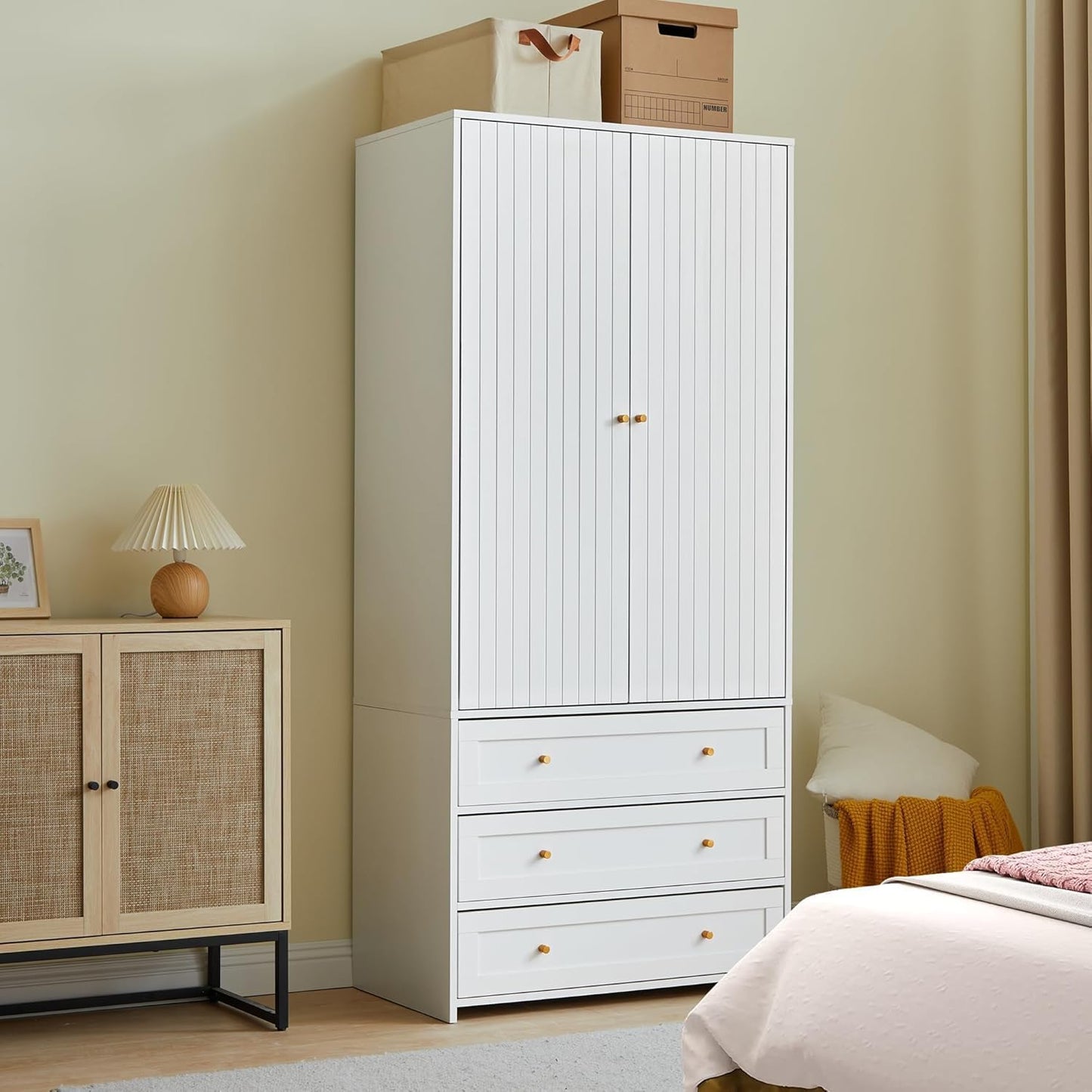 71" Wardrobe Closet Armoire, Wardrobe Armoire Wooden with 2 Doors, 3 Drawers Household Freestanding Wooden Closet Storage Cabinet for Bedroom (White)