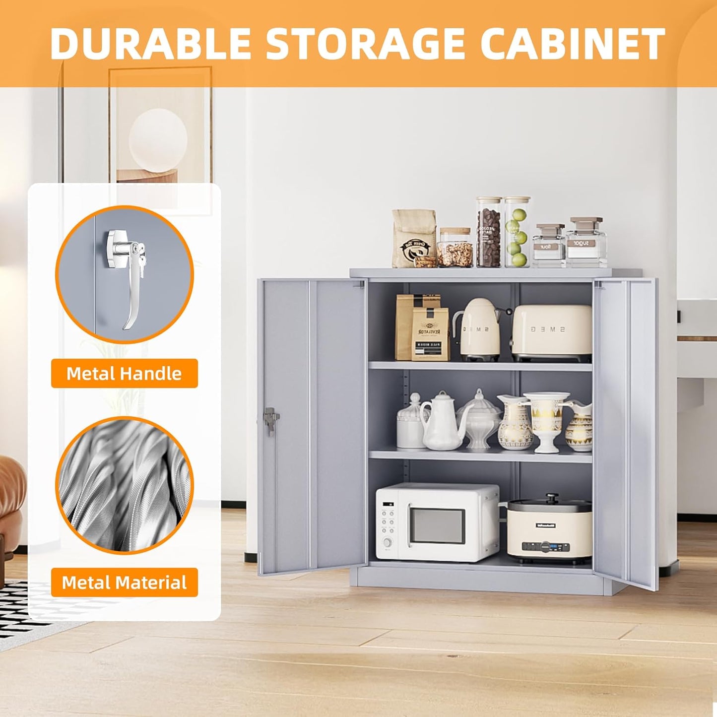 INTERGREAT Metal Cabinet with Lock, Lockable Metal Storage Cabinets with Doors and Shelves for Garage, Cement Grey Locking Garage Storage Cabinets 36"×32"×16"