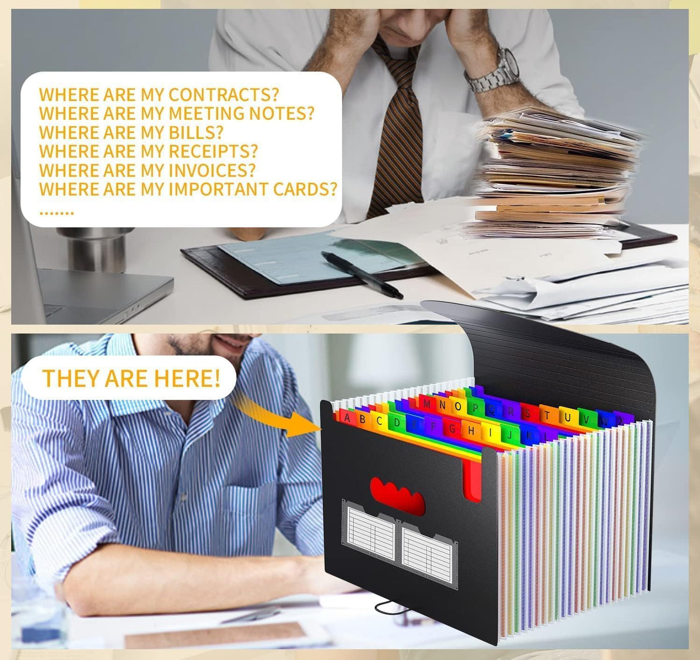 Accordion File Organizer Expanding File Folders,25 Pockets Document Organizer,Plastic Accordian File Folder,Expandable Bill Paper Documents Receipt Filing Box,A4 / Letter Size,2 Colored Tabs