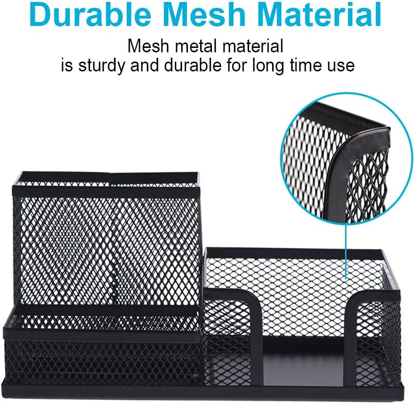 2 Pieces Pen Holder for Desk Mesh Metal Pencil Holders Pen Cup Marker Holder Desk Caddy with Sticky Notes Holder Pen Organizer for Office Supplies Workspace School Home Black