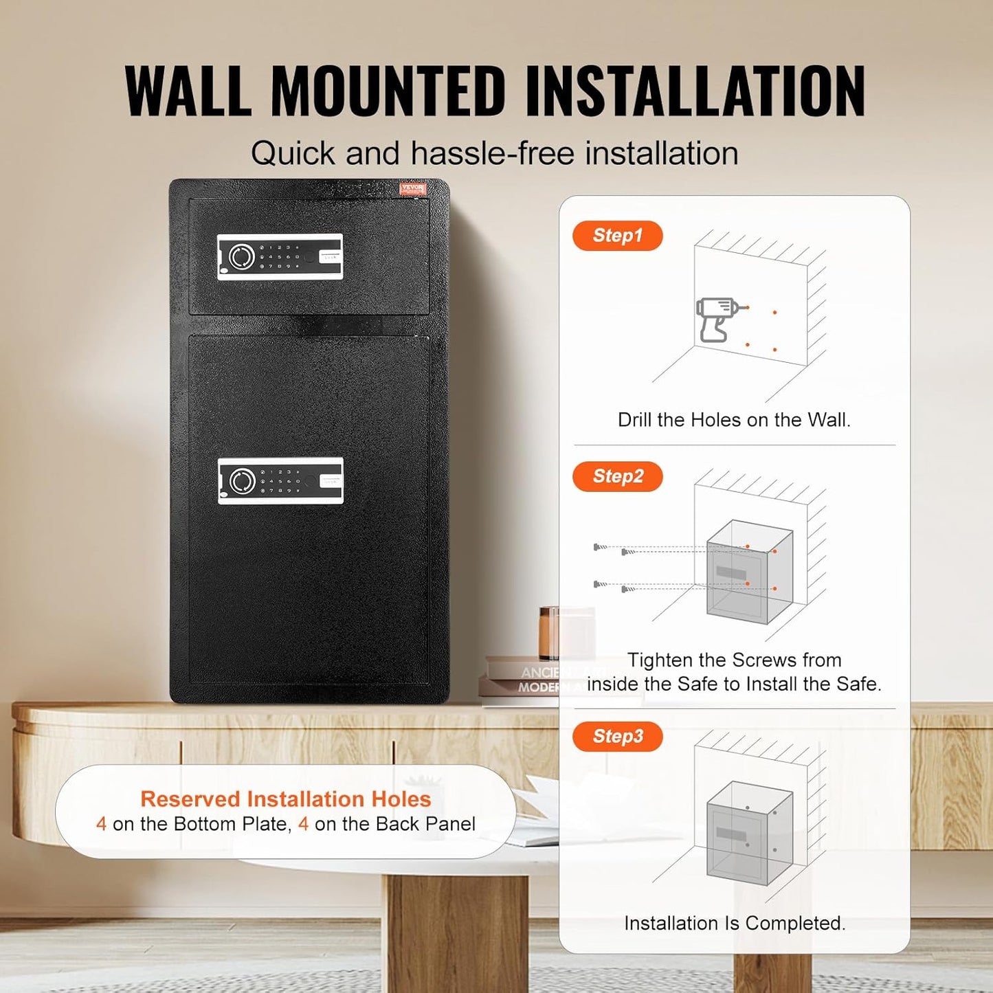 VEVOR Double Doors 7.2 cu.ft Safe Box with Key Lock & Password, Safe Lock Box with Fireproof Bag, Key Rack, LED Light and 2 Height Adjustable and Removable Divider for Money, Documents, Black