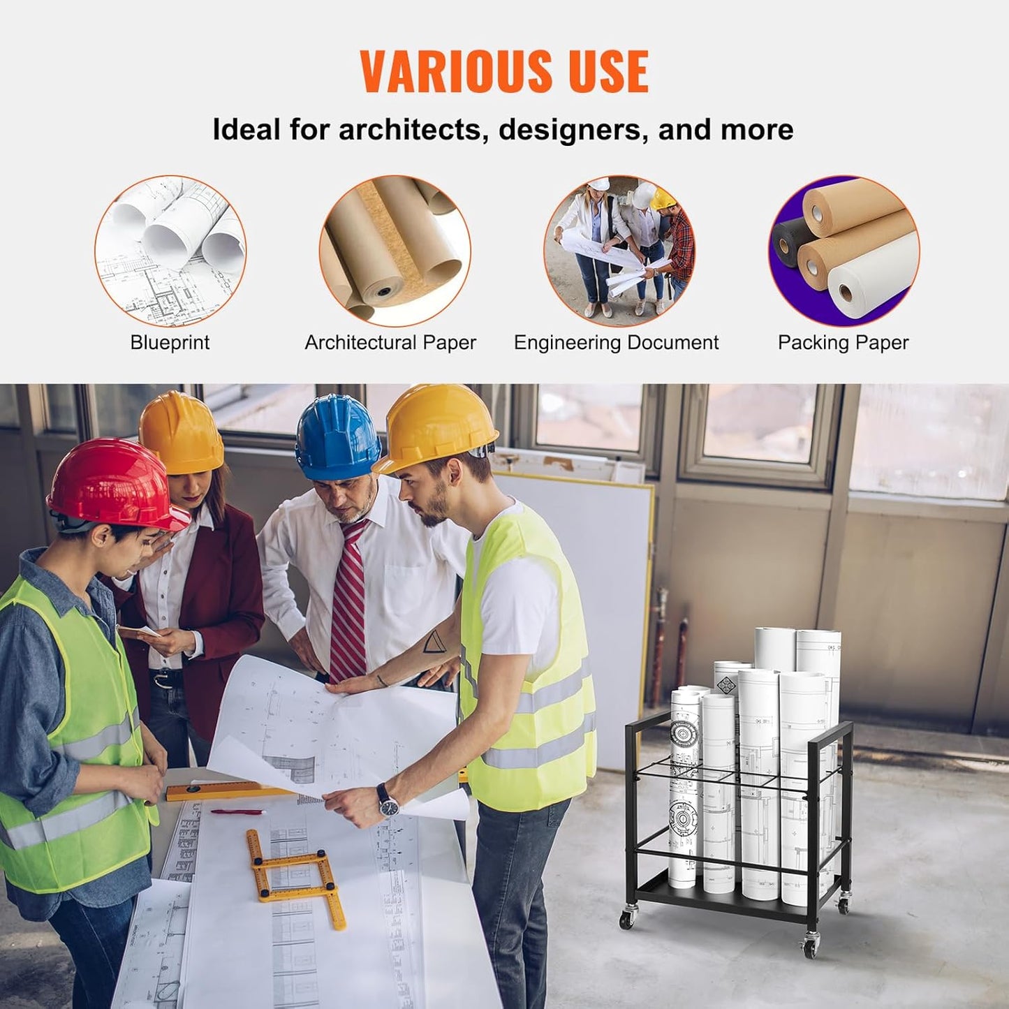 VEVOR Blueprint Storage Rack, 12 Slots Blueprint Holder with Wheels, Mobile Metal Storage Cart for Map Poster Architectural Construction Plan, Roll File Organizer for Home, Office, School