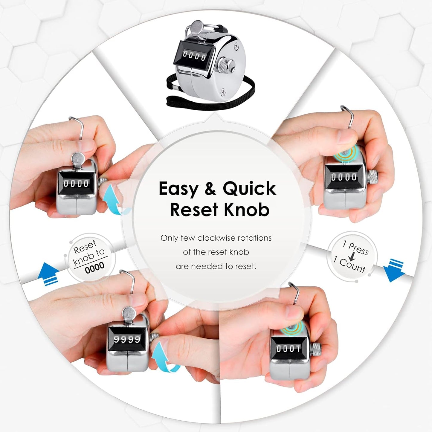 KTRIO Metal Handheld Tally Counter, 4-Digit Number Clicker Counter, Hand Mechanical Pitch Counters for Coaching, Knitting, People, Lap, Fishing, Golf and Row