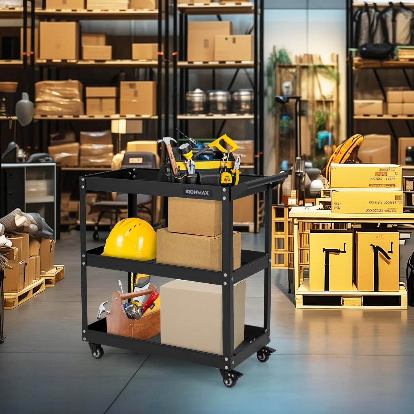 Goplus 3-Tier Utility Cart, Heavy Duty Commercial Service Tool Cart w/3 Spacious Shelves, 4 Universal Wheels with 2 Brakes, Rolling Mechanic Tool Cart Storage Organizer for Warehouse Garage