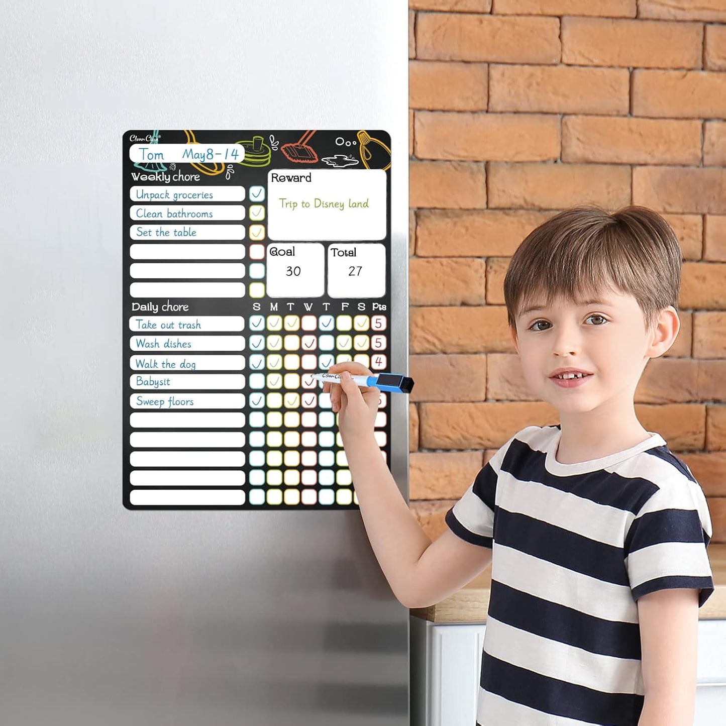 CLEVER CLEAN Magnetic Dry Erase Chore Chart - 8.5"x12" Behavior Responsibility Chore Board for Kids, Teenagers, Adults - 6 Extra Fine Point Markers Included - Shipped Flat