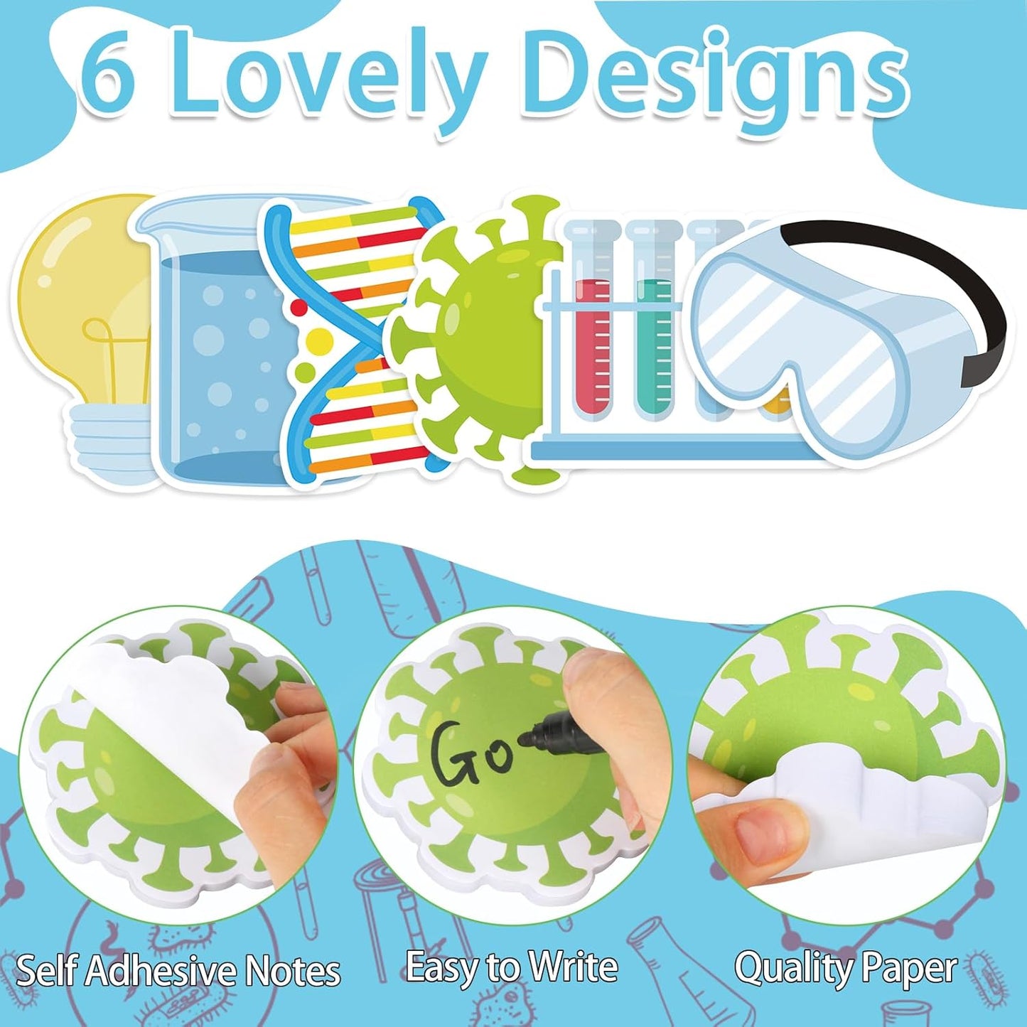 600 Pieces Science Sticky Notes, Self Stick Science Lab Notepads Funny Test Tube Light Bulb Microscopes Science Memo Pad for Teachers Students Science Week Party Favor School Supplies