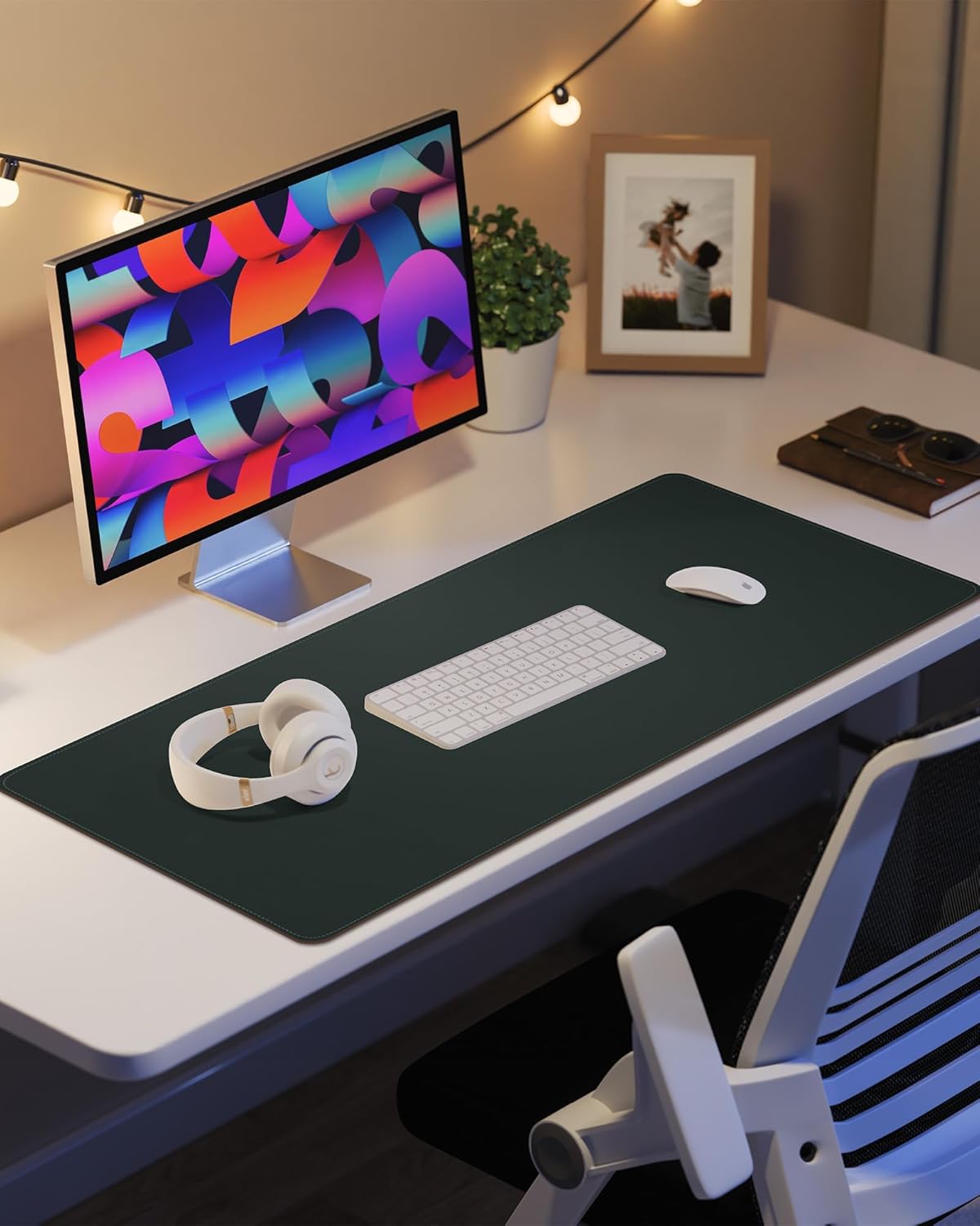 Leather Desk Pad Protector Large Mouse Pad, Stitched Locking Edge Laptop Computer Desk Mat Blotter, Non-Slip Waterproof Durable Writing Pad for Office and Home (Dark Green, 80 x 40cm)