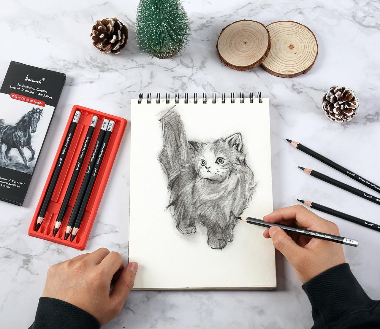 Professional Charcoal Pencils Drawing Set - 8 Pieces Soft Medium and Hard Willow Charcoal Pencils for Drawing, Sketching, Shading