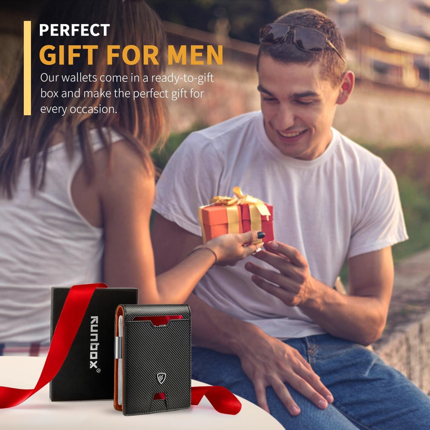 RUNBOX Mens Slim Wallet with Money Clip RFID Blocking Bifold Credit Card Holder for Men with Gift Box