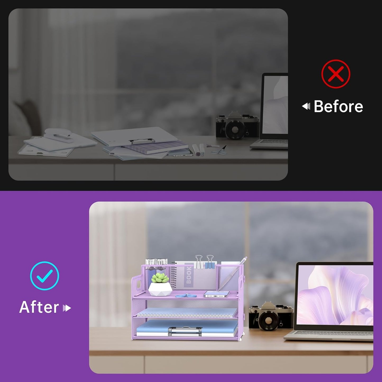 SUPEASY 3 Tier Desk Organizer with Handle & 3 Pen Holders, Mesh Paper/File Organizer for Desk, Paper Letter Tray Organizer for Office Supplies (Light Purple)