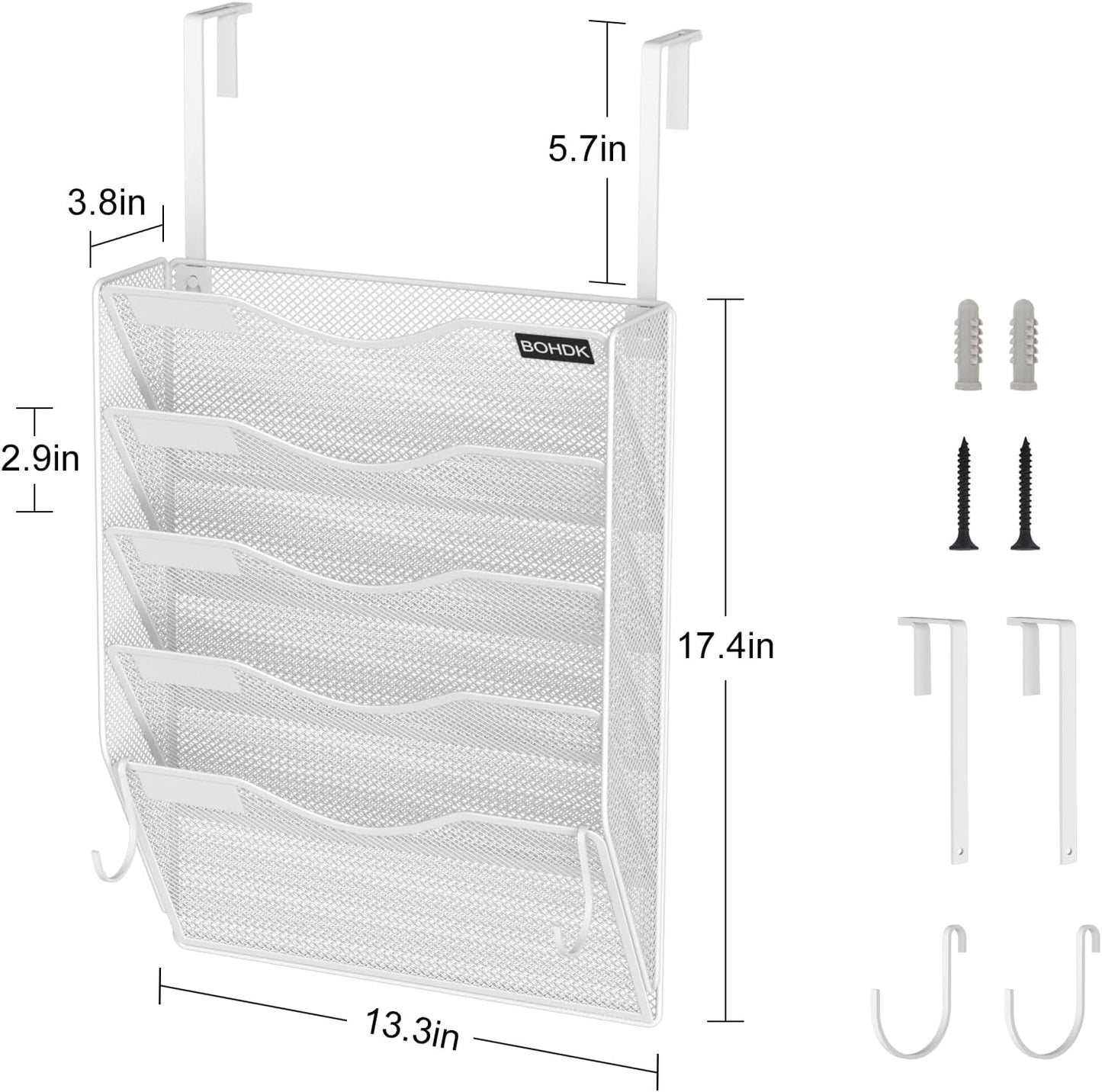 Wall File Organizer, 5 Tire Hanging File Folder Organizer, Vertical Mesh Metal Door/Wall Mount Hanging File Holder, Paper Document Magazine Rack with Hooks for Home Office White