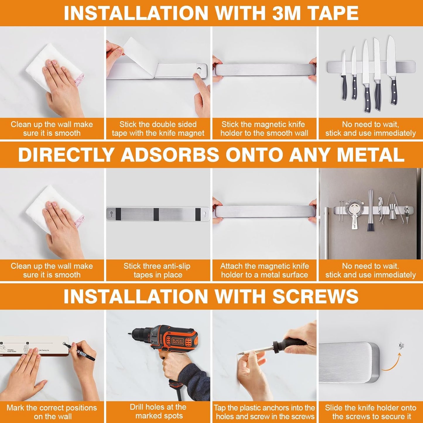 ENOKING 16 Inch Magnetic Knife Holder, 304 Stainless Steel Knife Magnetic Strip for Wall, Refrigerator, RV Kitchen, Knife Rack for Utensil Storage, Gray