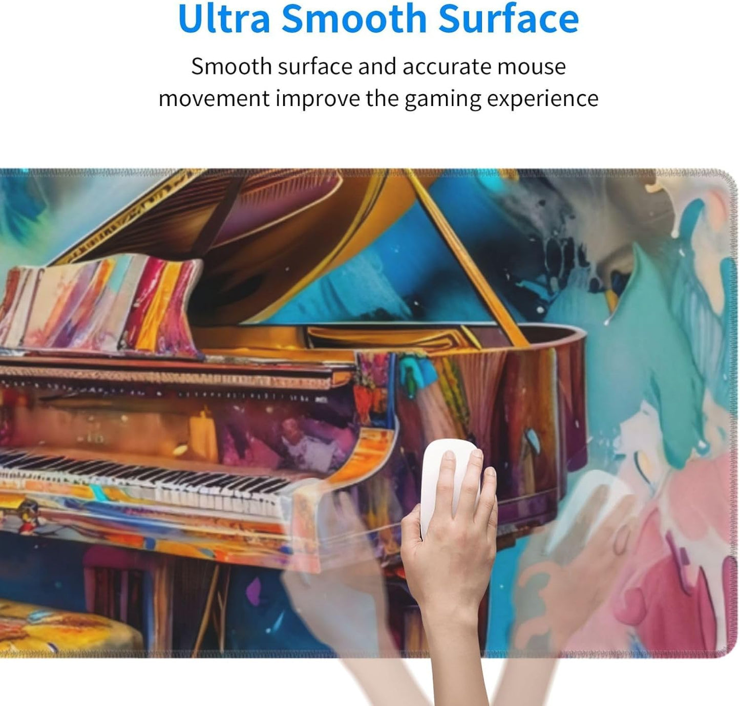 Gaming Mouse Pad, Large Non-Slip Rubber Base Mousepad, Keyboard Mouse Mat, Desk Pad with Stitched Edges, 31.5x11.8inch, Oil Painting of Piano