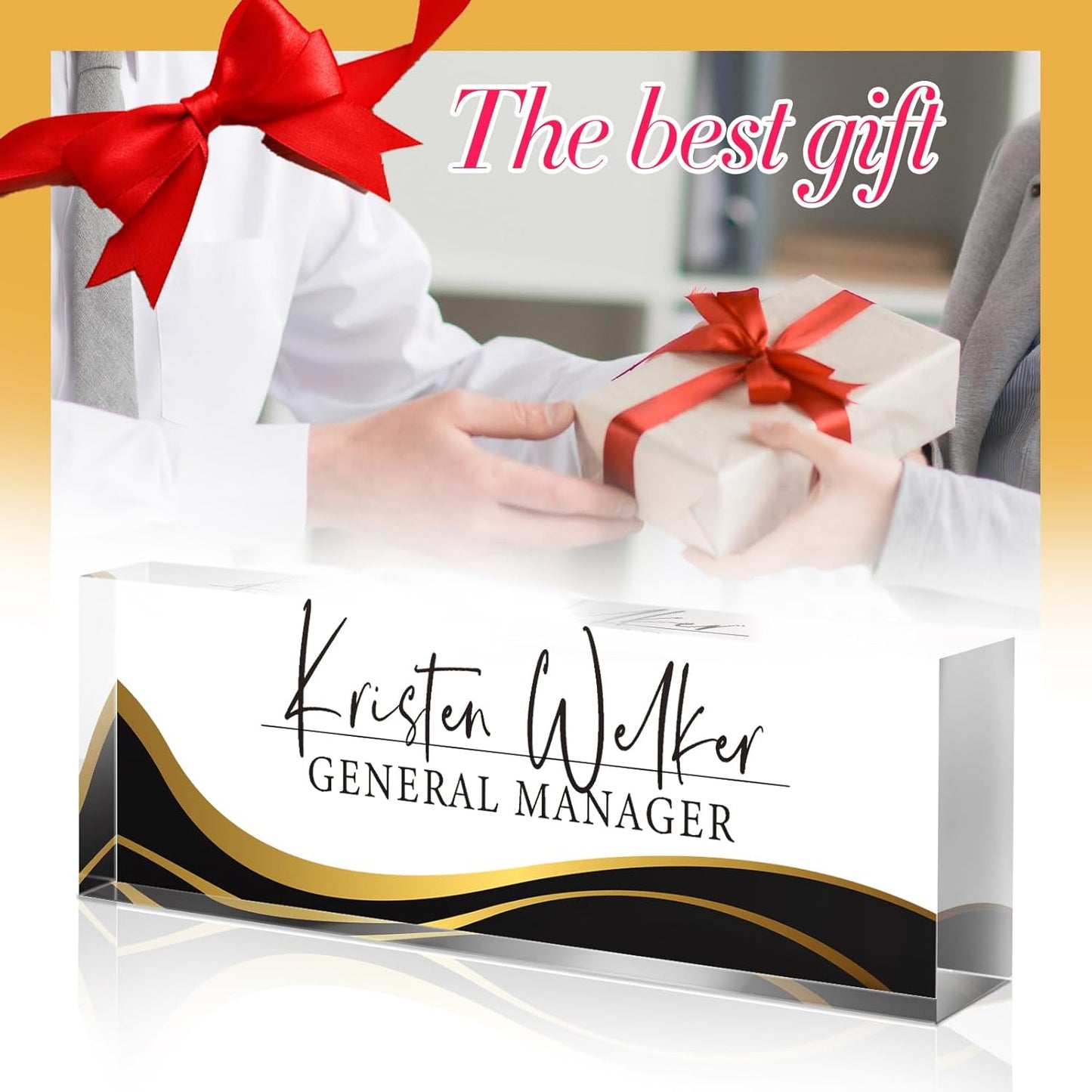 Personalized Name Plate for Desk - Custom Engraved Name Plates for Man - Boss Day Gifts for Boss - Acrylic Office Decor Appreciation Gifts for Teacher Nurse Coworker Social Worker (Wavy Black)