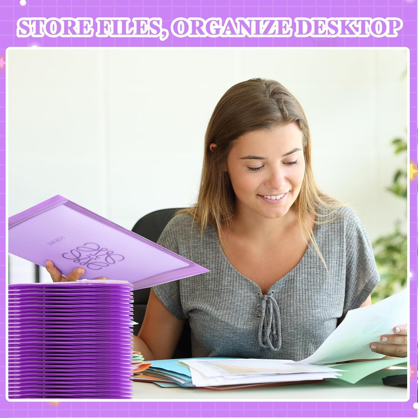 Yeaqee 50 Pcs Plastic Envelopes Poly Envelopes File Folders with Snap Button Closure Clear Folders for Documents US Letter A4 Size Filing Holder with Label Pocket for Home Office School(Purple)