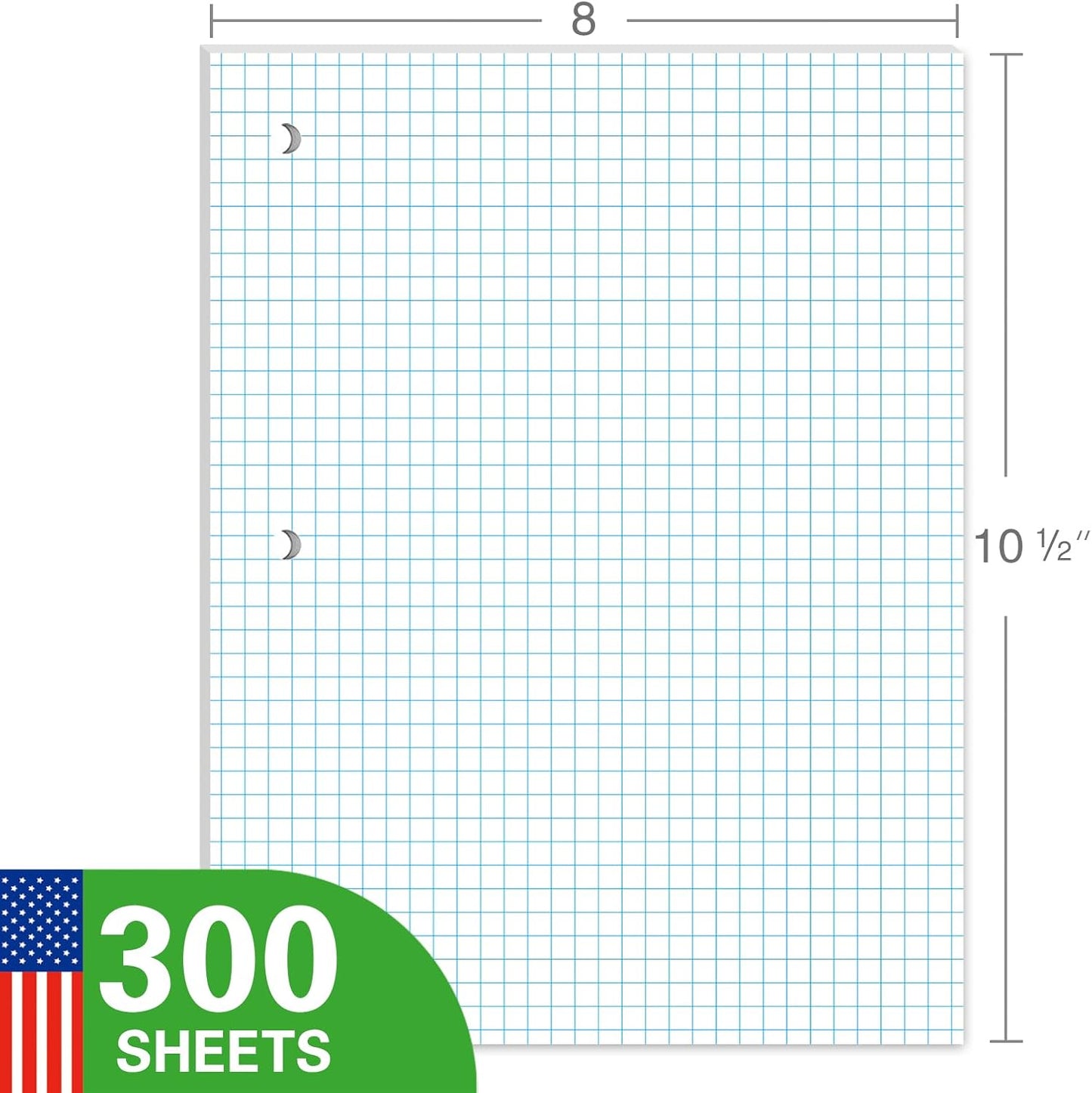 Graph Paper Loose Leaf Paper, Standard 8"x10-1/2" 4x4 Quad Ruled Notebook Paper,3 Hole Punched Filler Paper, 3 Ring Binder Paper, 300 Sheets Grid Paper, Made In USA