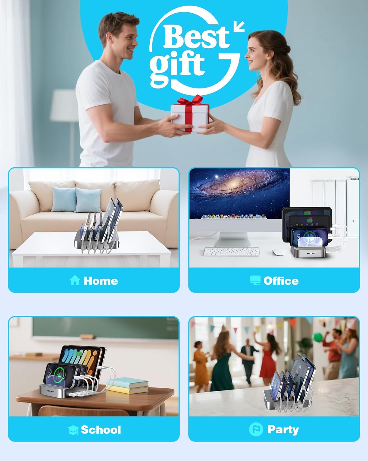 MSTJRY Charging Station for Multiple Devices : 5 Port Multi USB-A Charger Stations Multi-Device Organizer Charging Dock Designed for iPhone iPad Cell Phone Tablets (7 Short Cables Included), Silver