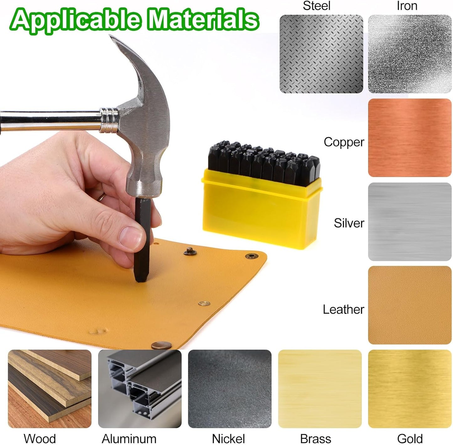 HARFINGTON 36pcs Metal Stamping Kit 5/16" (8mm) (A-Z, 0-8, "&" Symbol) Steel Letter Punch Press Tool with Hole Punch to Stamp on Metal, Plastic, Wood, Leather, Black