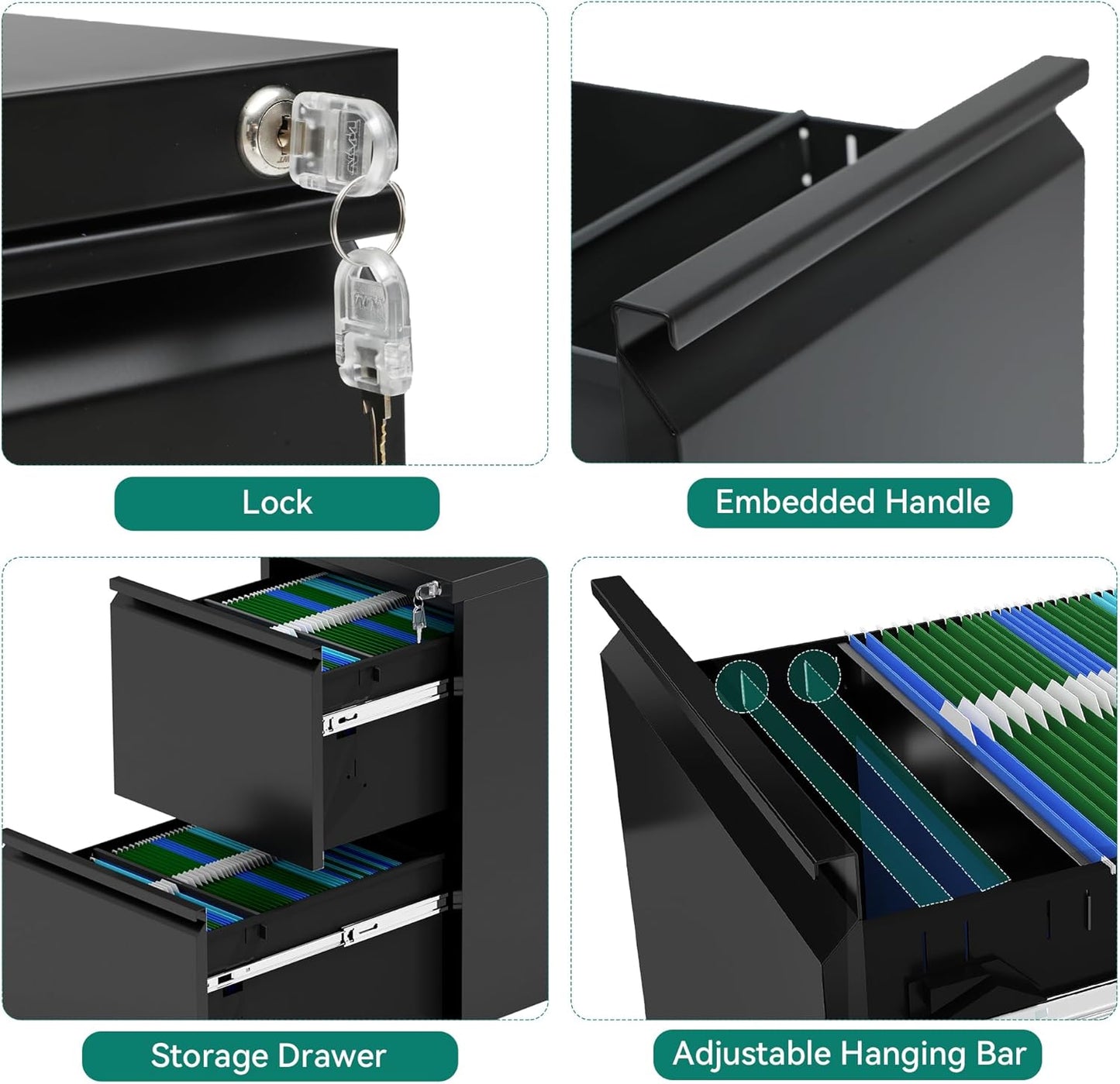 YITAHOME 2 Drawer File Cabinet with Lock, Mobile Metal Filing Cabinet for Letters/Legal/A4 Size, Home Office & Business Enterprise, Fully Assembled Except Wheels, Black