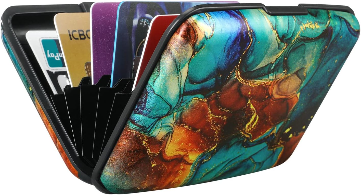 ELFISH Mini RFID Aluminum Wallet Credit Cards Holder Business Card Case Metal ID Case for Men Women(Blue Brown Marble