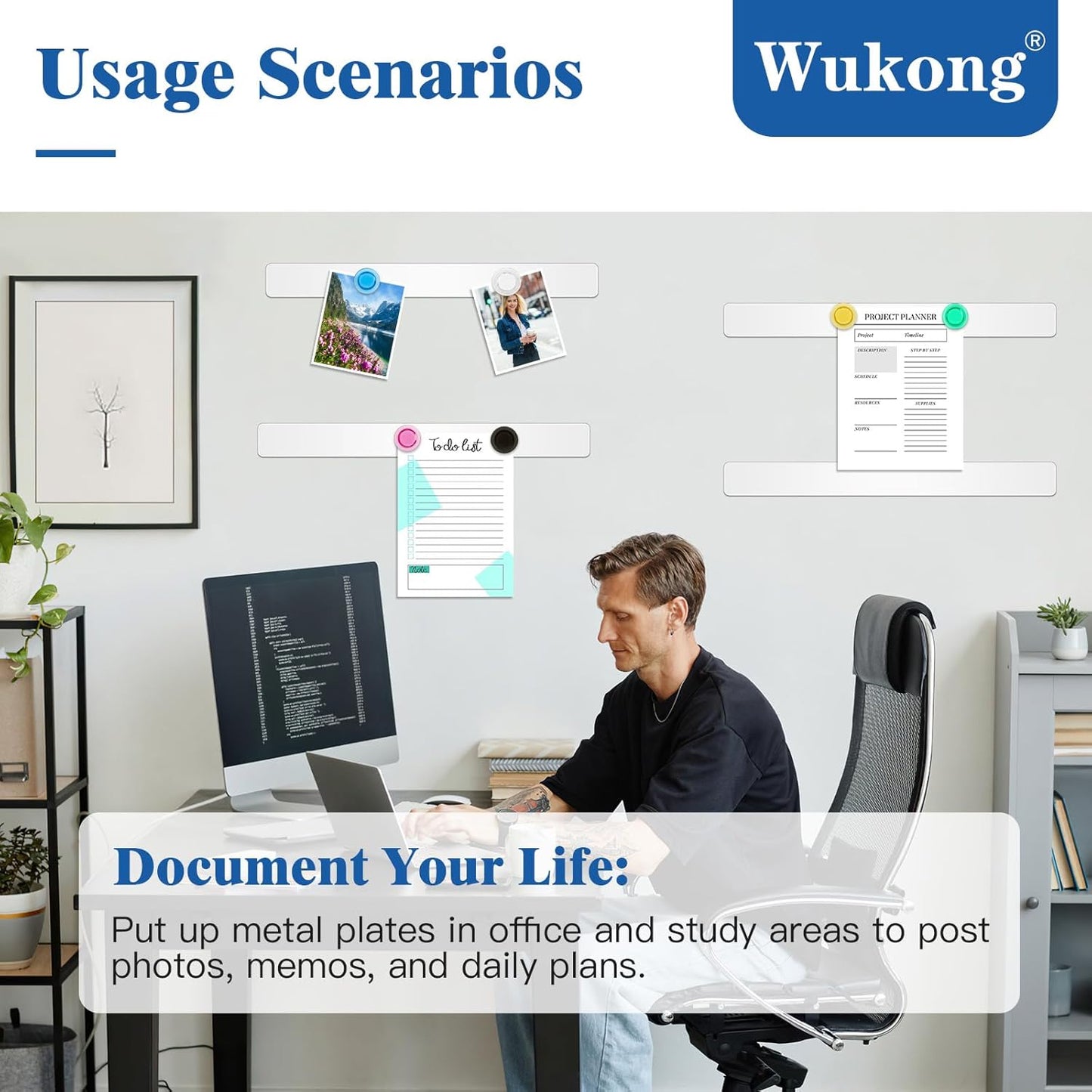 Wukong 10 Pack | 30x3cm(11.81 x 1.18) Magnetic Stainless White Boards Strips, Adhesive Backing Bulletin Bar Board, Memo Board with 32Pcs Colorful Magnets for Office, Home, Photo Wall, Documents